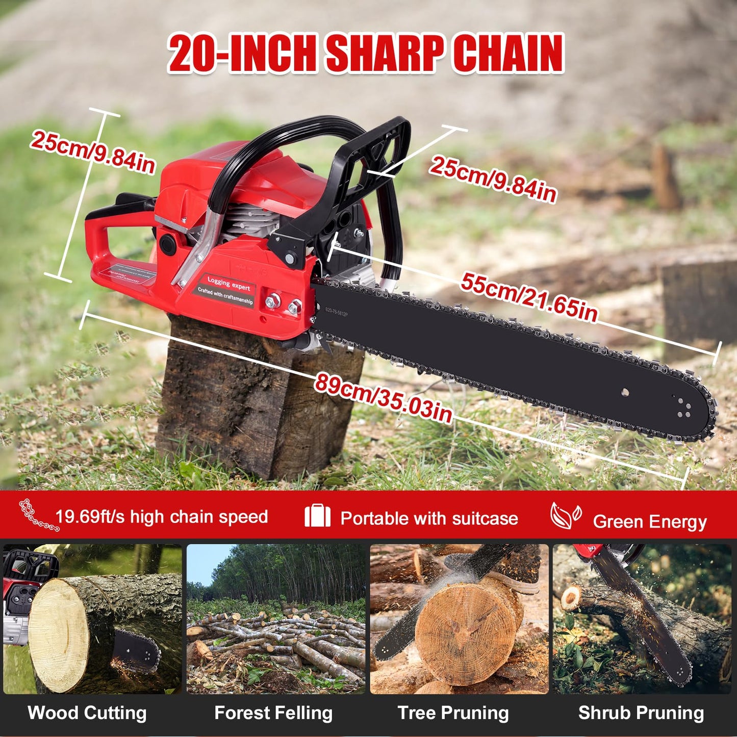 Lightasea Petrol Chainsaw 20 Inch, 4200W 52CC Chainsaw Petrol 2-Stroke Easy-Start, Lightweight, Automatic Chain Lubrication, Easy to Use Petrol Chain Saws for Cutting Trees
