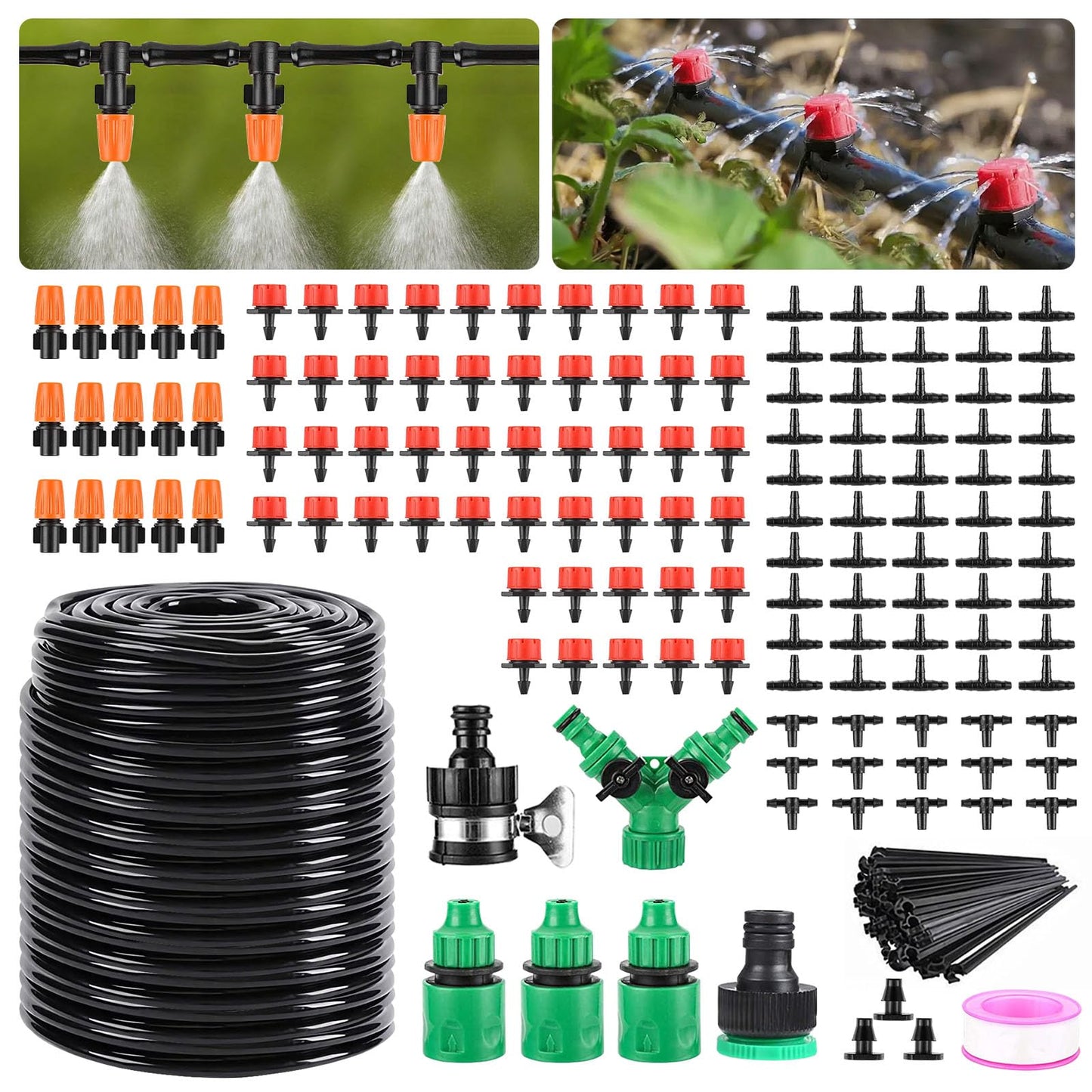 Garden Drip Irrigation Kit,164FT/50M Greenhouse Micro automatic Drip Irrigation system Kit with 1/4 inch 1/2 inch Blank Distribution Tubing Hose Adjustable Patio Misting Nozzle Emitters Sprinkler