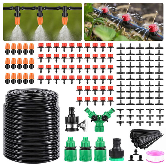 Garden Drip Irrigation Kit,164FT/50M Greenhouse Micro automatic Drip Irrigation system Kit with 1/4 inch 1/2 inch Blank Distribution Tubing Hose Adjustable Patio Misting Nozzle Emitters Sprinkler