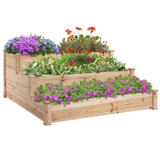 Outsunny 470L Raised Garden Bed, 3-Tier Planter Kit, Elevated Wooden Planters for Garden, Yard & Patio, 124 x 124 x 56 cm