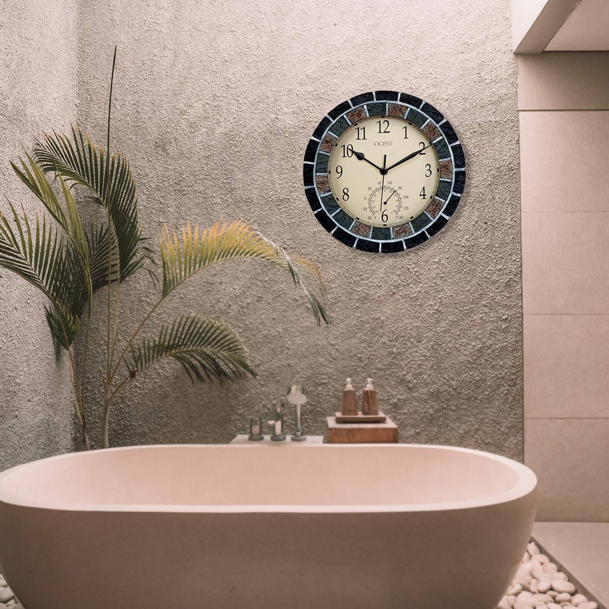 OCEST 10.5 Inch Garden Clock Outdoor Waterproof, Thermometer Silent Non-ticking Battery Operated Wall Clocks Retro Decorative for Pool, Kitchen, Patio