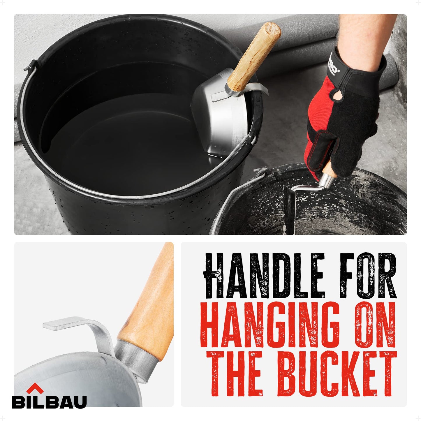 BILBAU Masonry Bucket Scoop or Dipper Bucket - for Plastering & Walling, Easy Mortar Application, Sturdy Steel, Wooden Handle, Highly Durable & Wear Resistant