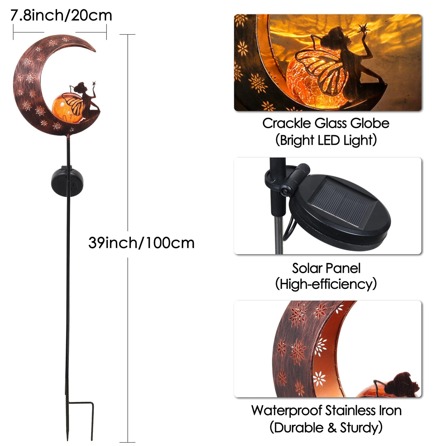 TERESA'S COLLECTIONS Large Garden Ornaments Outdoor, Gifts for Women, Metal Fairy Sitting on Moon Solar Lights Outdoor Garden, Solar Stake Lights with Crackle Glass Ball for Lawn, Path, 40inch