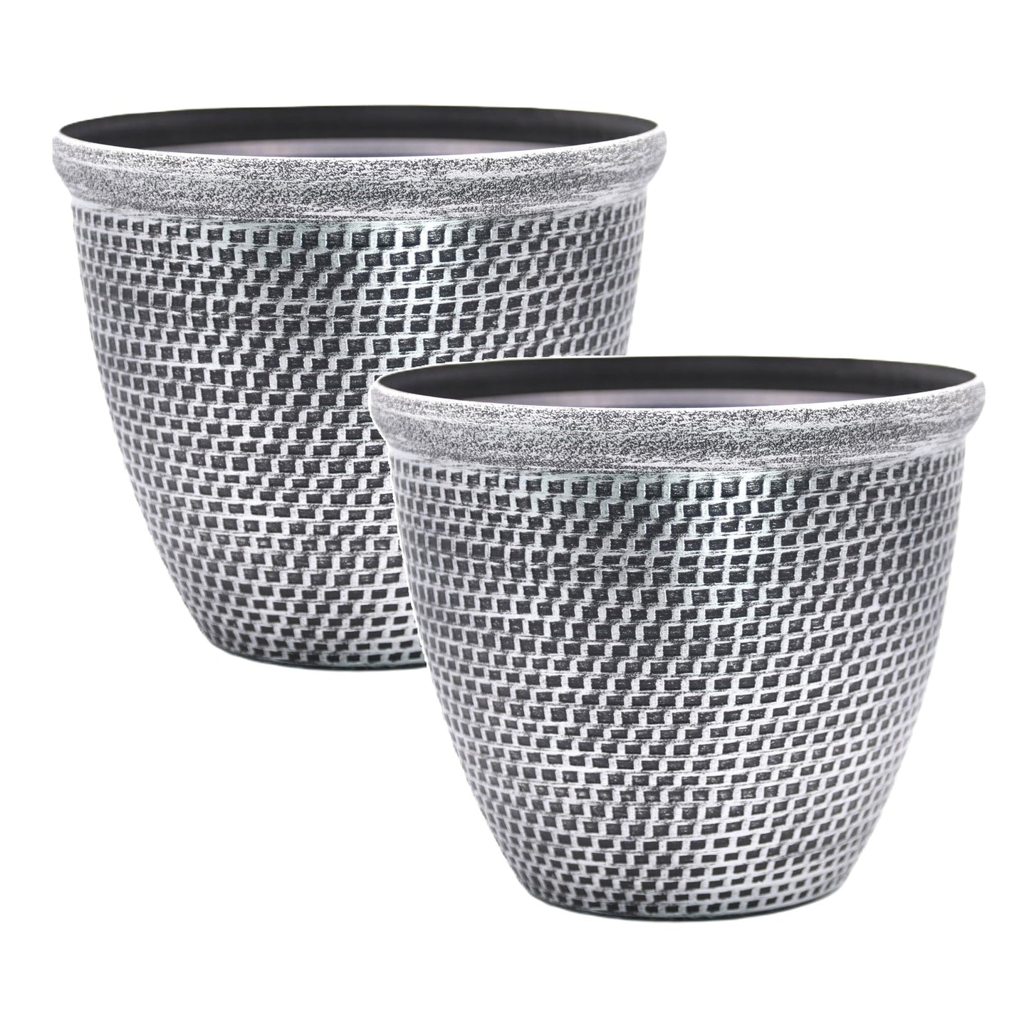 Fyne-Finds Set of 2 Large Plastic Round Silver Cromarty Plant Pot Flower Pot Planter Garden Decoration Antique 30cm, 12inch Outside Planters 10L Outdoor With Drainage Holes