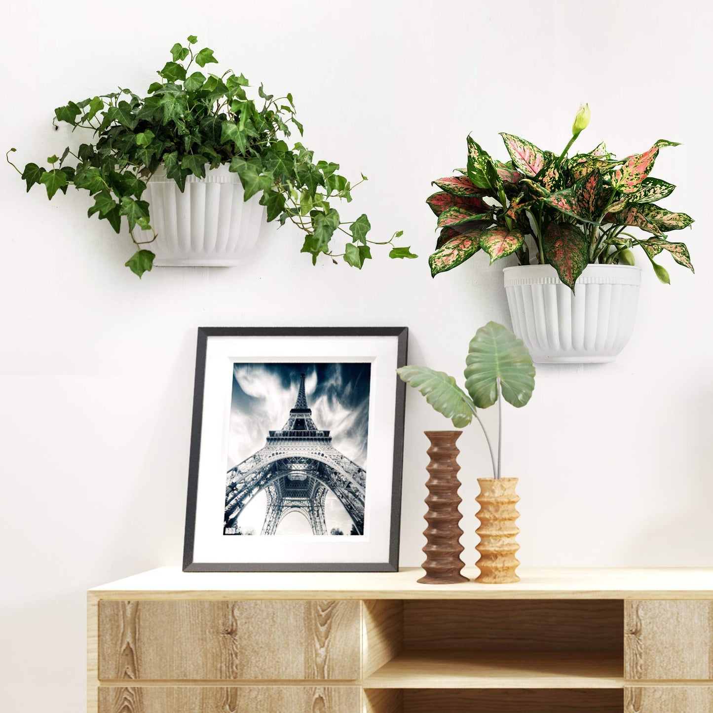 2 Pack Plastic Wall Plant Pots Vertical Garden Living Wall Mounted Window Hanging Basket Fence Planters Indoor Outdoor for Plants Flowers Kitchen Herbs Holder with Drainage Water Reservoir Decor White