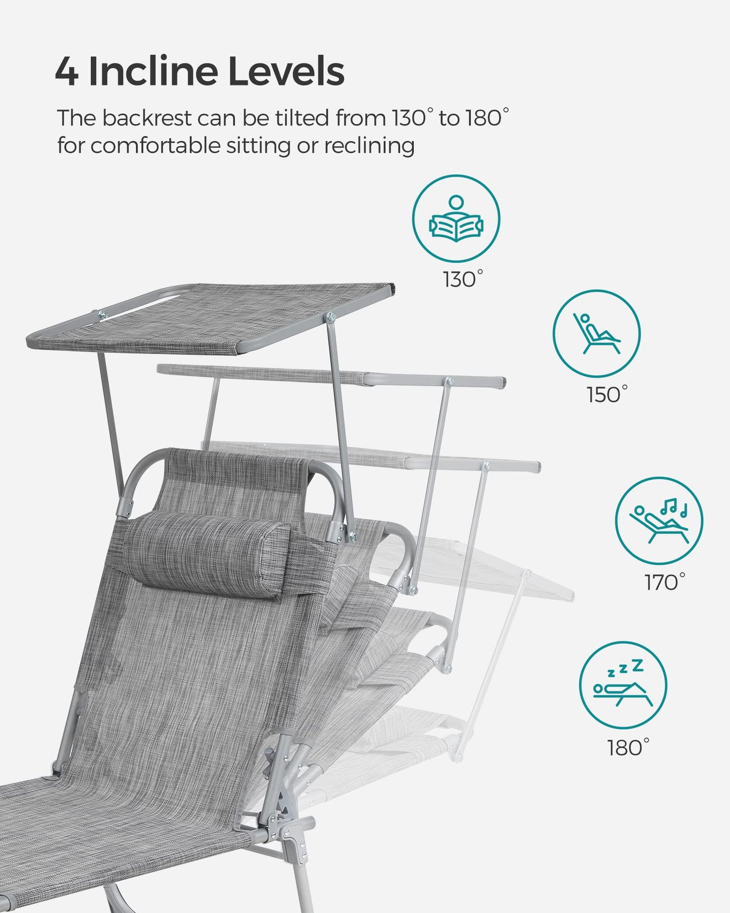 SONGMICS Sun Lounger, Deck Chair Folding, Sunbed, 193 x 53 x 29 cm, Max. Load 150 kg, with Sunshade Headrest Adjustable Backrest, Reclining Sun Chair for Terrace Pool Garden, Greige GCB19T