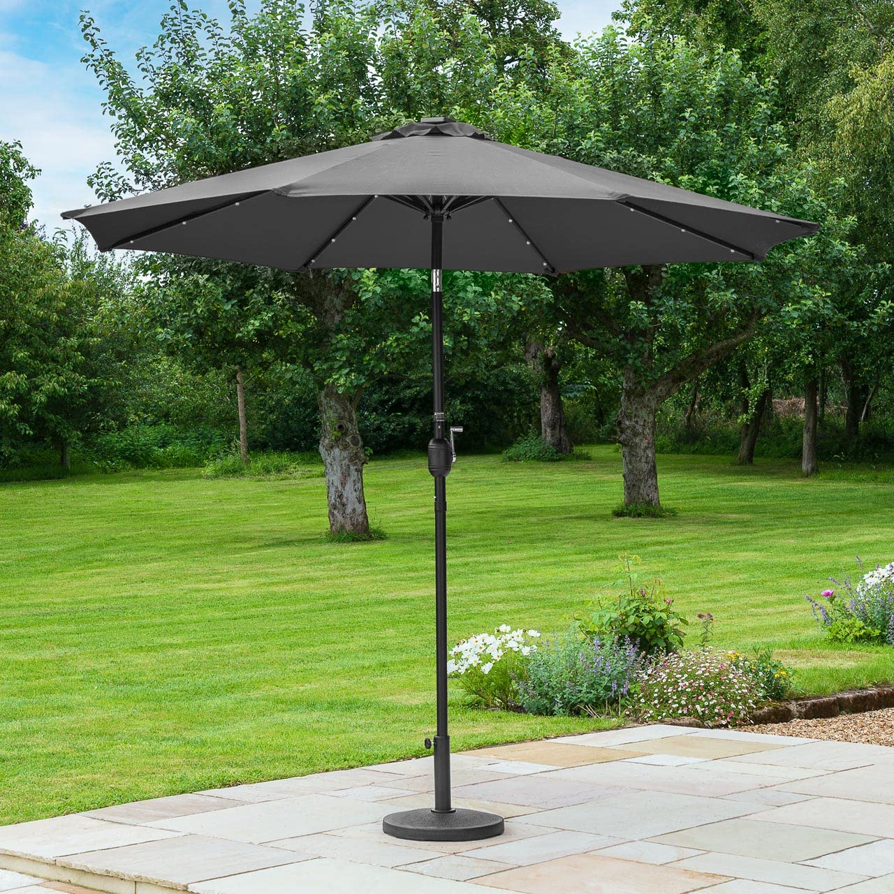 Harrier Crank & Tilt Parasol with LED Lights [2.7m] – Outdoor Garden Patio Umbrella with Optional Waterproof Cover – 5 Colour Options (Grey, Parasol Only)