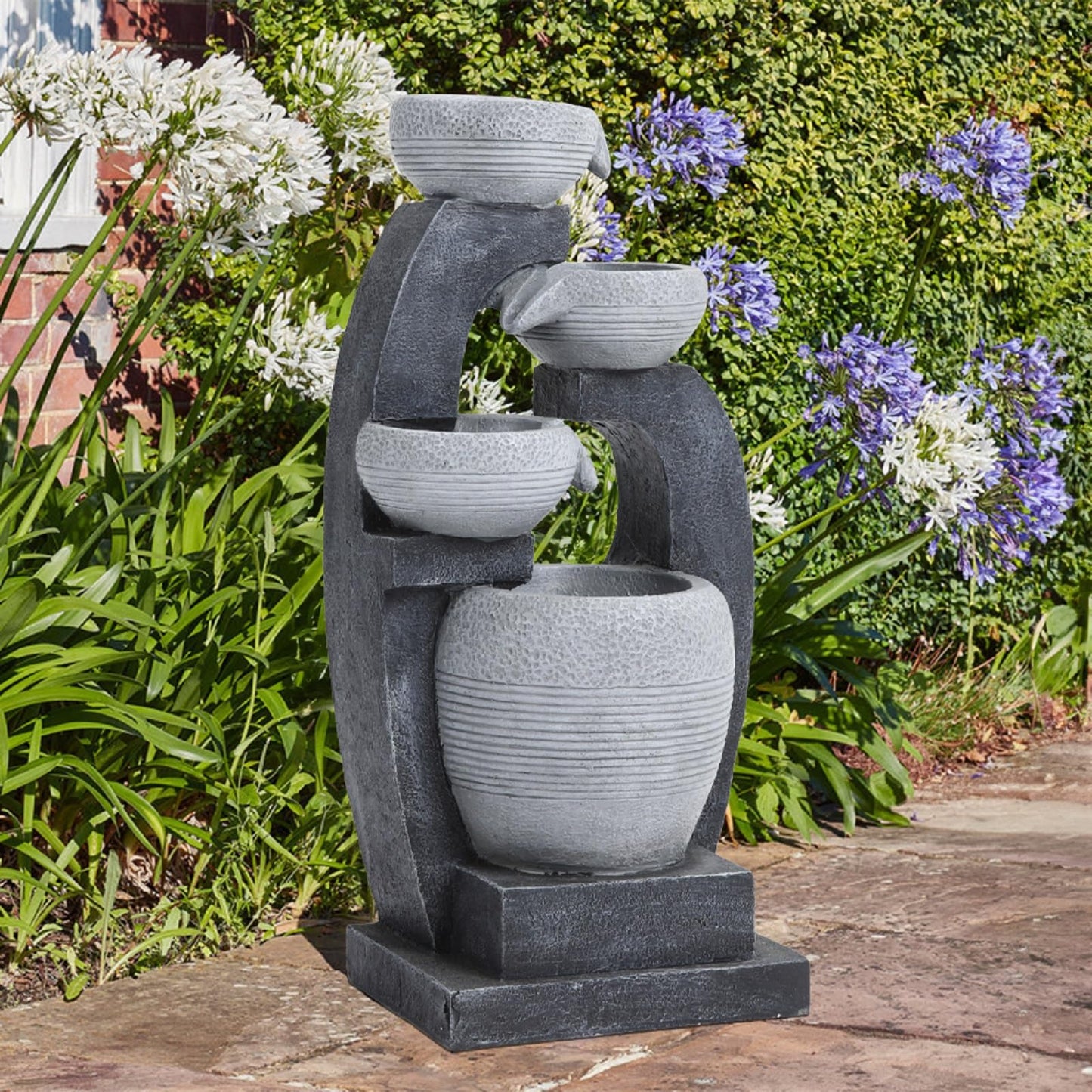 BTGGG Solar Powered Water Feature - 4 Tier Patterned Bowl Cascading Solar Water Feature Solar Water Fountain Outdoor Garden Water Feature with Lights and Pump For Patio Yard Decor