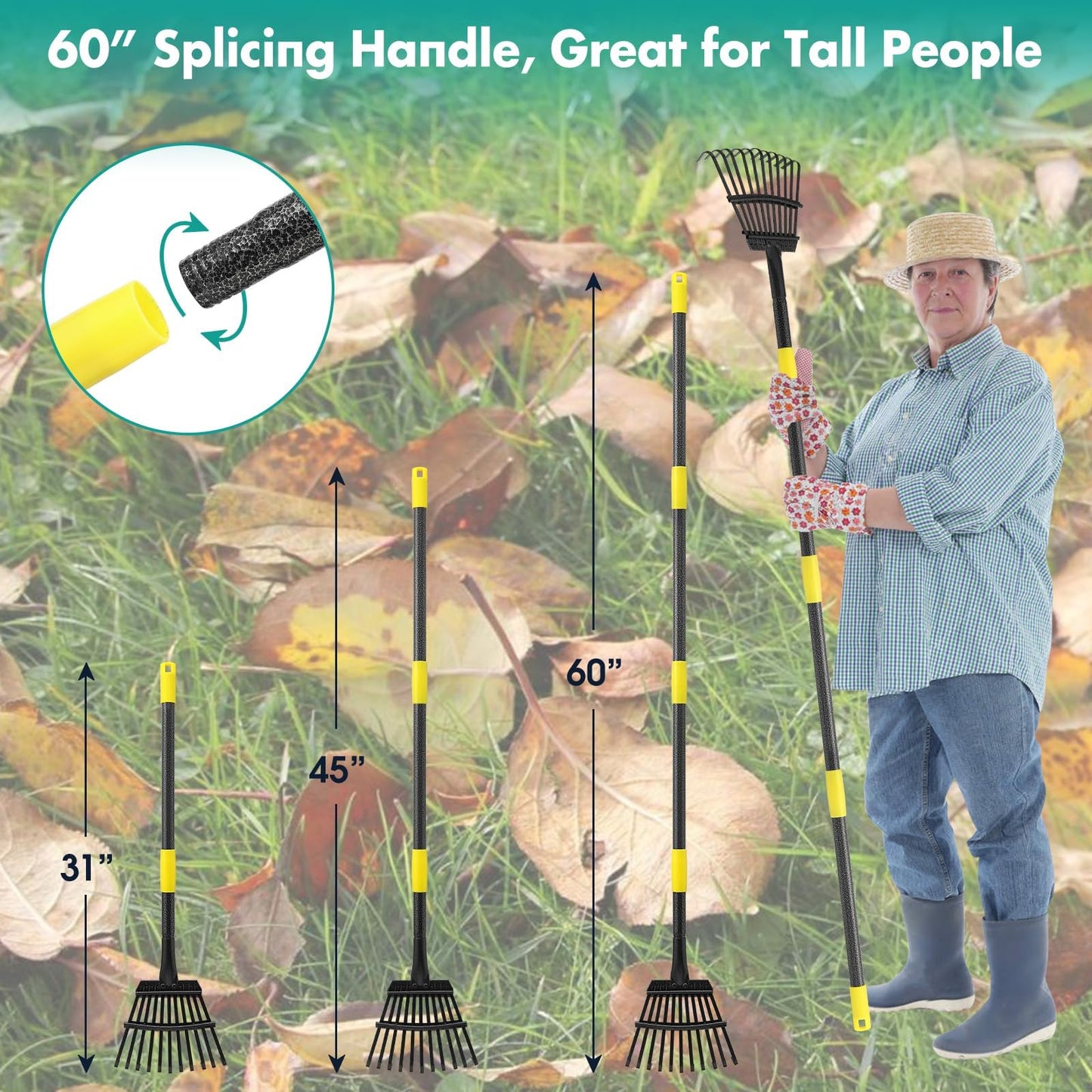 Rake, 175cm Long, 11 Tines Small Metal Garden Rake for Leaves, Heavy Duty 22.5cm Wide Rakes for Lawns, Yard Leaf Rake for Gardening , Flower Beds, Shrub, Kids Rake