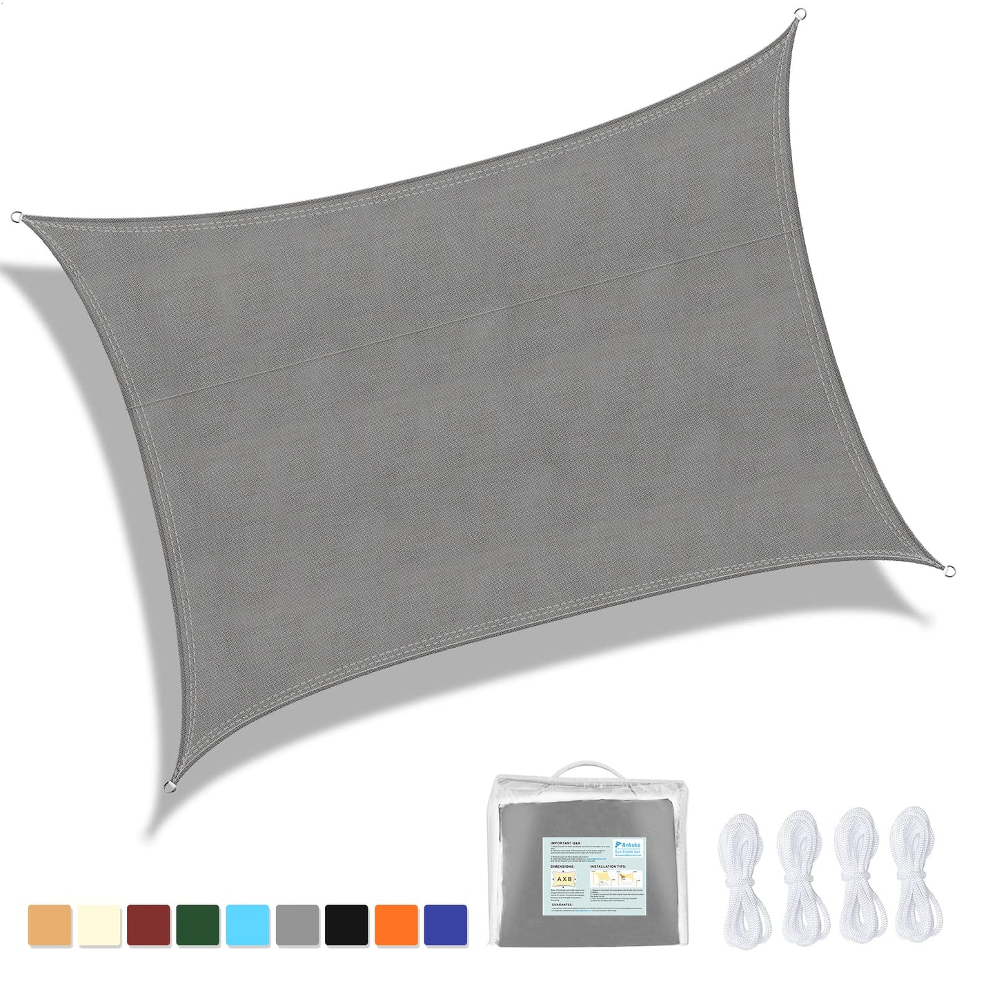 Ankuka Sun Shade Sail 3m x 4m Grey Rectangular Waterproof Garden Sun Sail Outdoor Patio Party Sunscreen Awning Canopy 98% UV Block With Rope