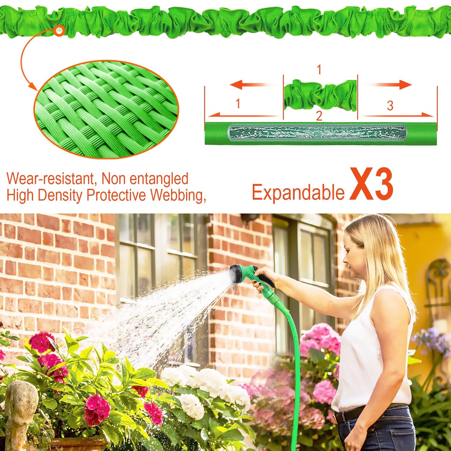 HOMOZE Garden Hose Pipe Expandable Garden Hose with 3/4", 1/2" Fittings, Anti-Leakage - Flexible Expanding Hose with 7 Function Spray Nozzle (50FT, Green)