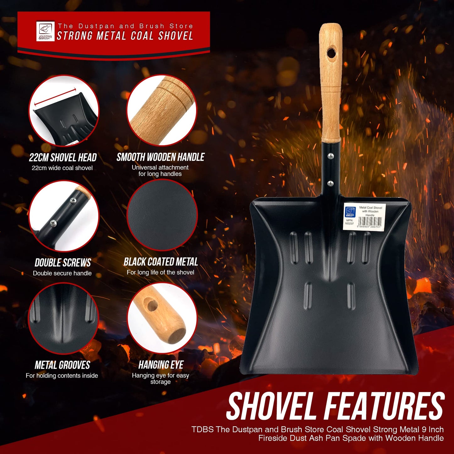 Strong Metal Coal Shovel with Wooden Handle | 9-Inch-Wide Metal Shovel Fireside Dust Ash Pan | Large Coal Scoop to Easily Collect Coal, Ashes, Dust, and Garden Wastes