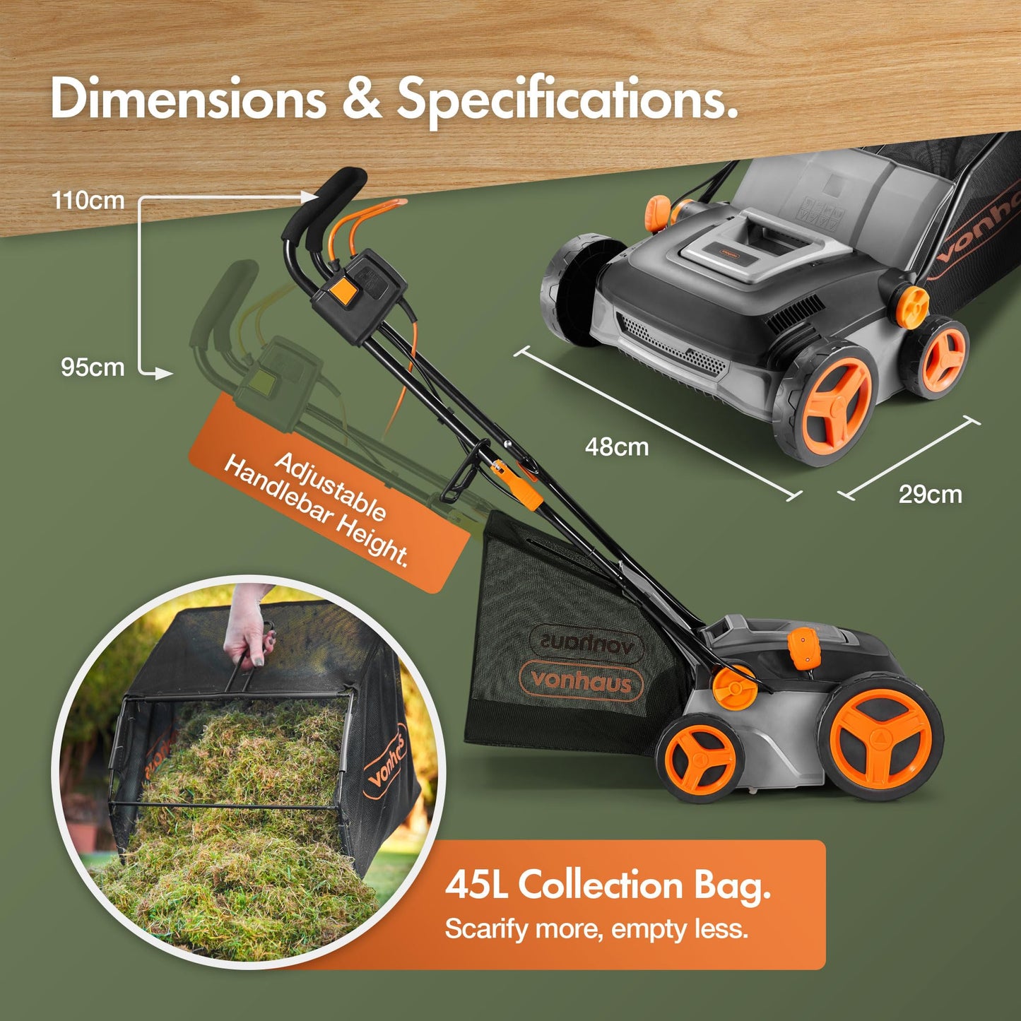 VonHaus Lawn Scarifier/Aerator/Rake Electric 1600W – for Dethatching/Raking Grass of Thatch, Moss, Dead Leaves and Aerates Soil – 45L Collection Box, 10m Cable, 6 Cutting Heights, 37cm Working Width