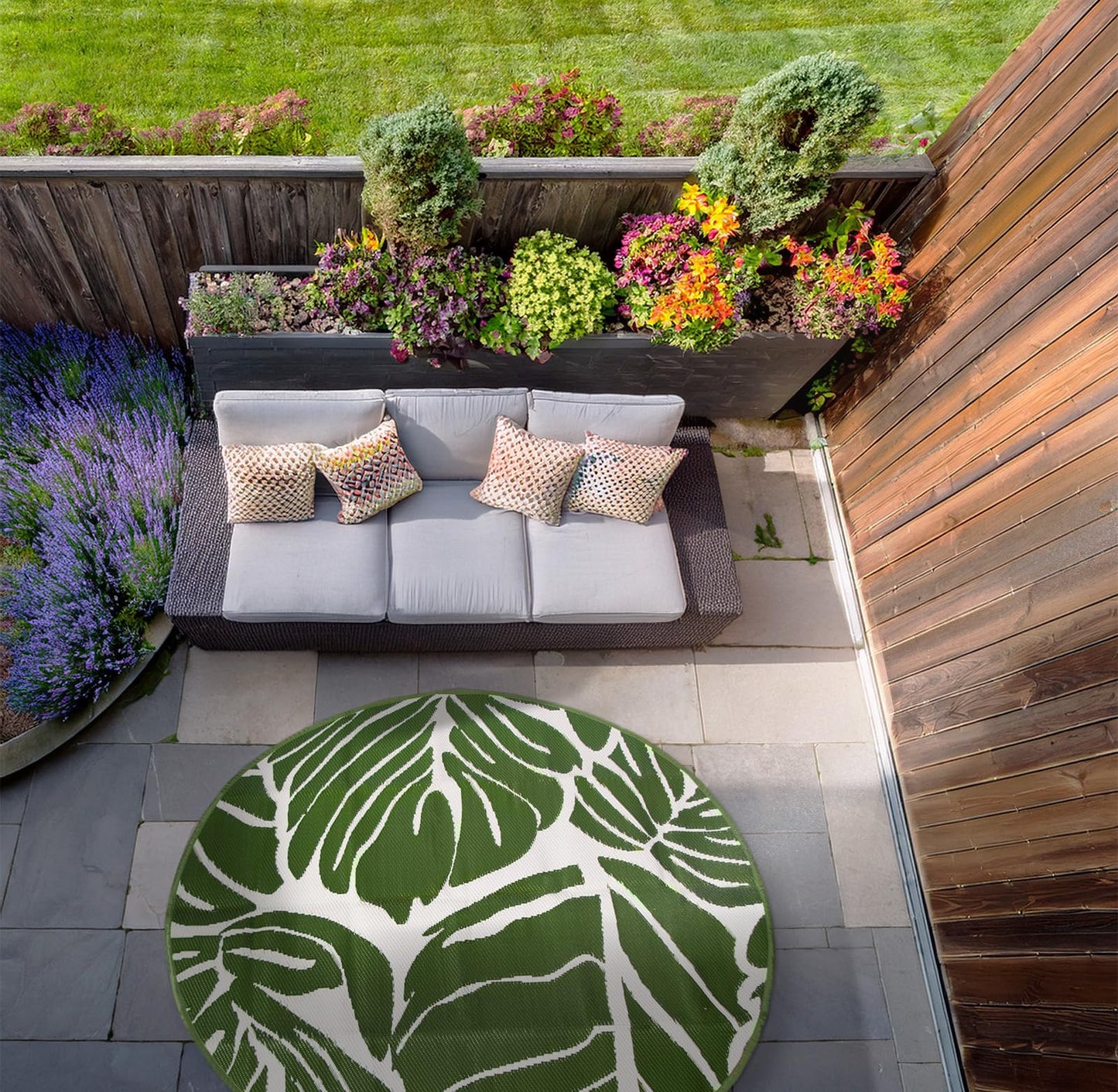 Dreamscene Outdoor Rugs for Garden Palm Tree Leaf, Green Round Outdoor Rug Garden Mats Water Resistant Foldable Easy Storage Summer Patio Decking Reversible, 170cm