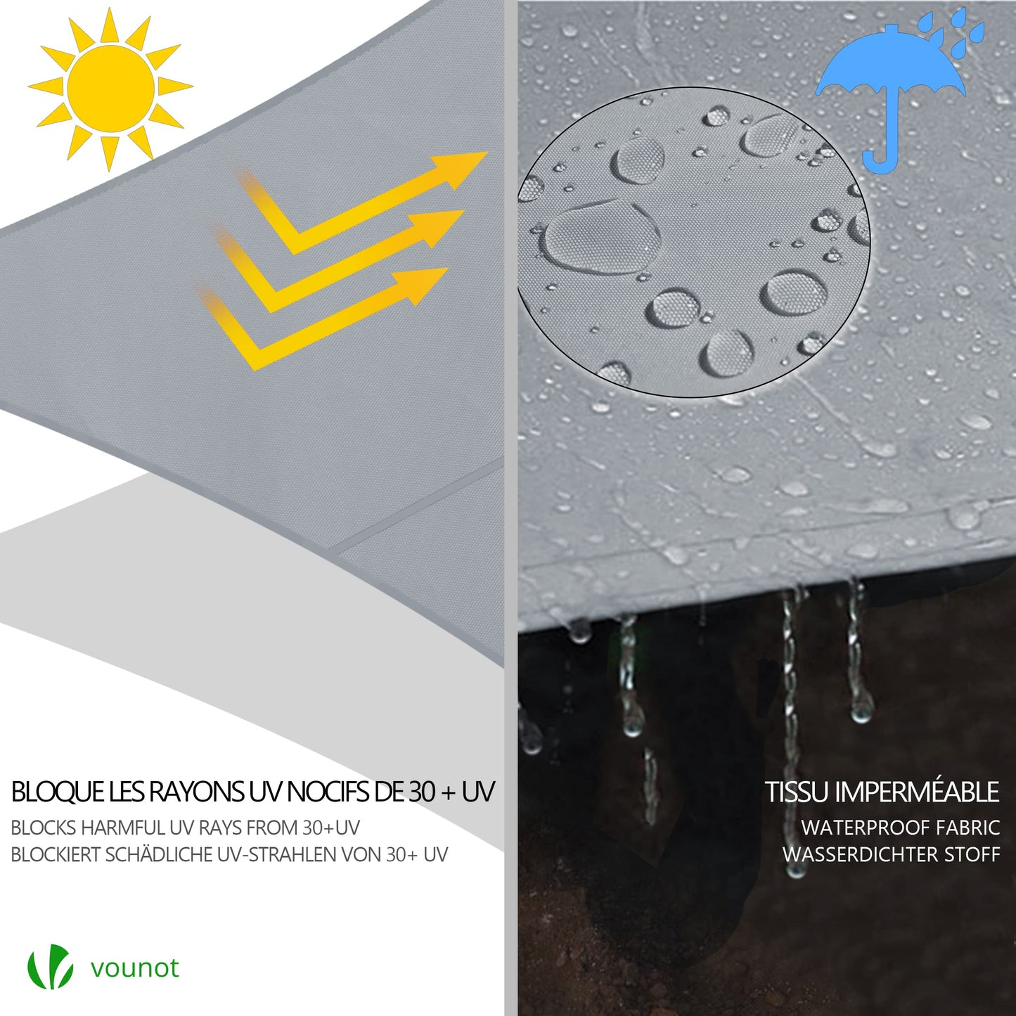 VOUNOT Sun Shade Sail Waterproof Rectangle Sail Canopy With Mounting Ropes for Garden, Patio, Outdoor Sunshades, 3x5m, Grey