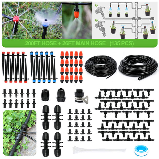 MIXC 226 FT Drip Irrigation System Kit, Automatic Watering System for Garden Greenhouse with 1/4" & 1/2" Tubing - Adjustable Nozzles & Sprinklers for Garden, Greenhouse, Lawn, Potted Plants