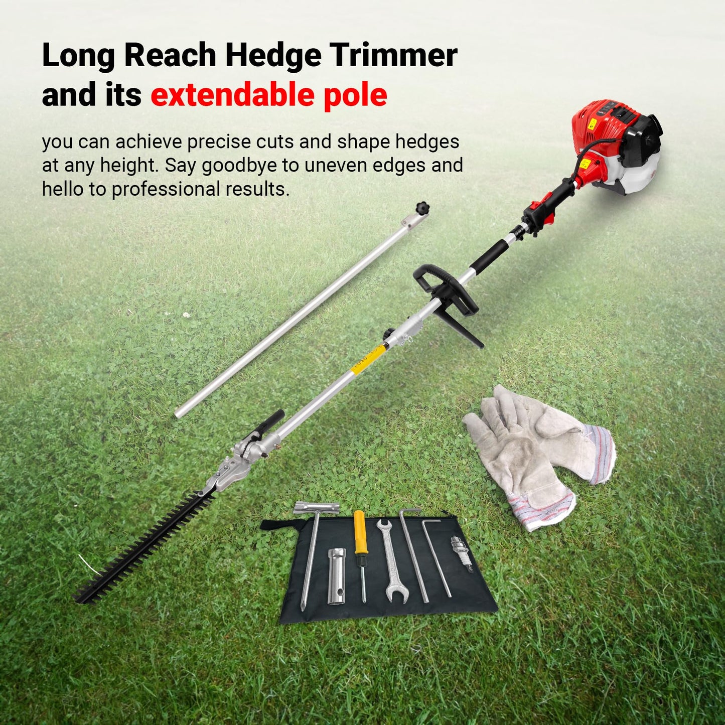 BU-KO 52cc Long Reach Petrol Hedge Trimmer and 75cm Extension Pole, Precision Trimming for Tall Hedges & Bushes, Easy to Use, High Performance, Durable Steel Blade
