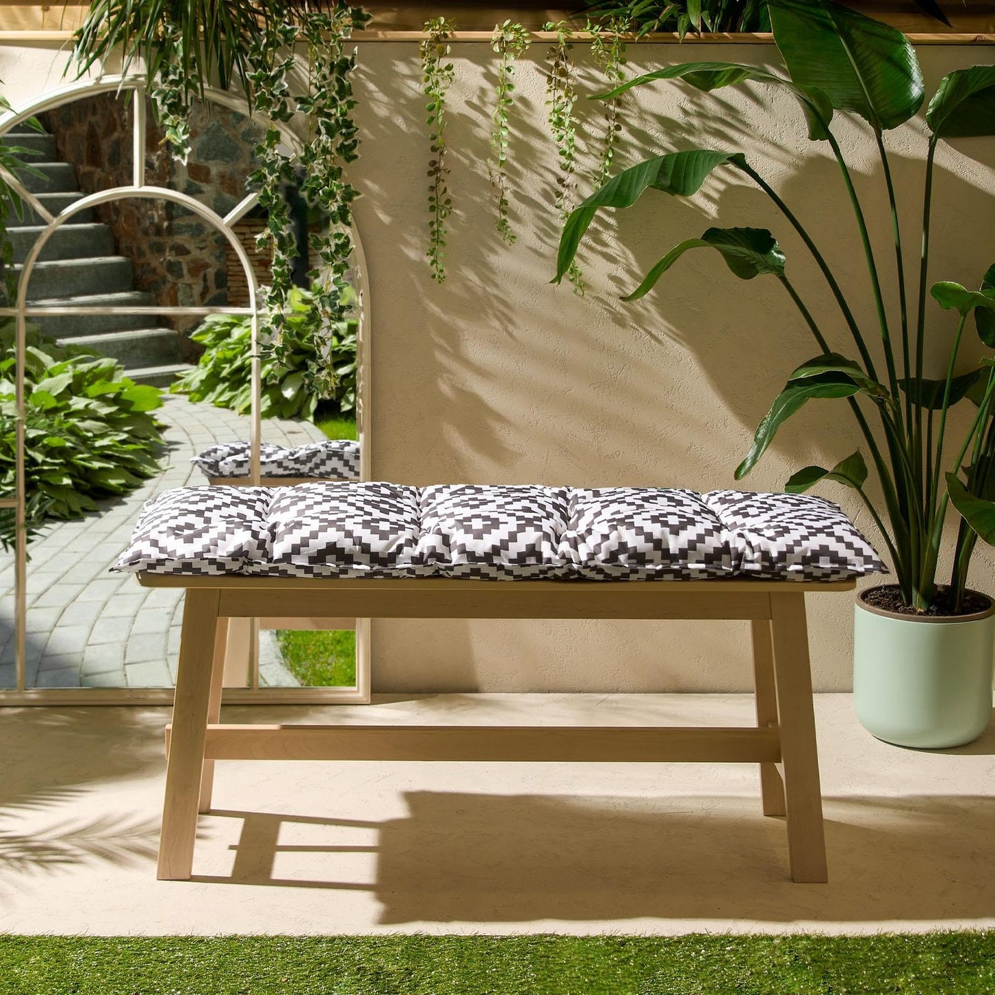 OHS Grey Garden Cushions for Bench, 2 Seater Bench Cushion Soft Outdoor Seat Pads for Garden Furniture Patios Water Resistant Comfy Bench Seat Cushion, Geometric