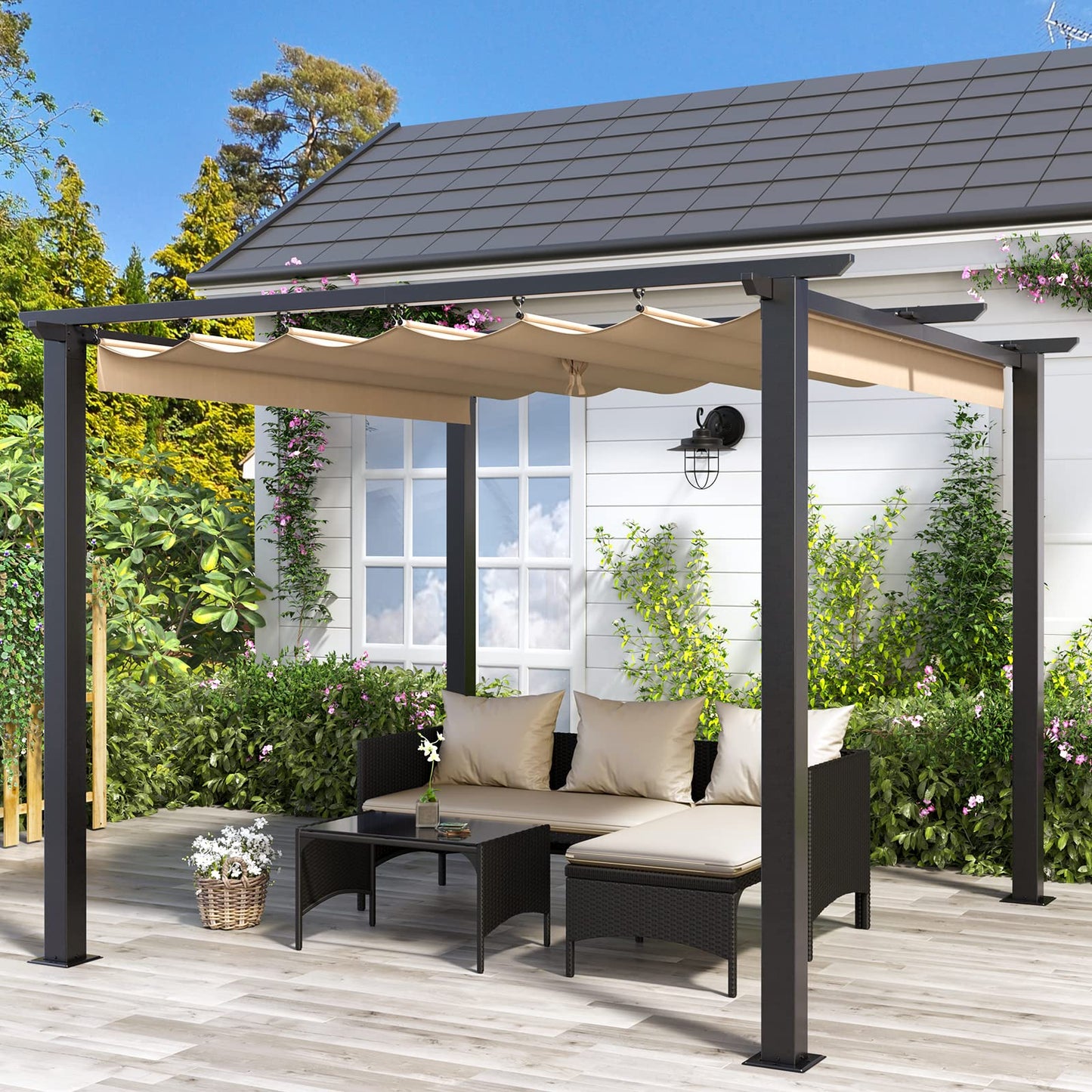 Gazebo, bigzzia Metal Pergola With Retractable Roof,Outdoor Parasol Features Water-Resistant And SPF 15 With PU Coated Canopy,Sun Shade For Garden Party Barbecue Event (Off-white, 3Mx3M)