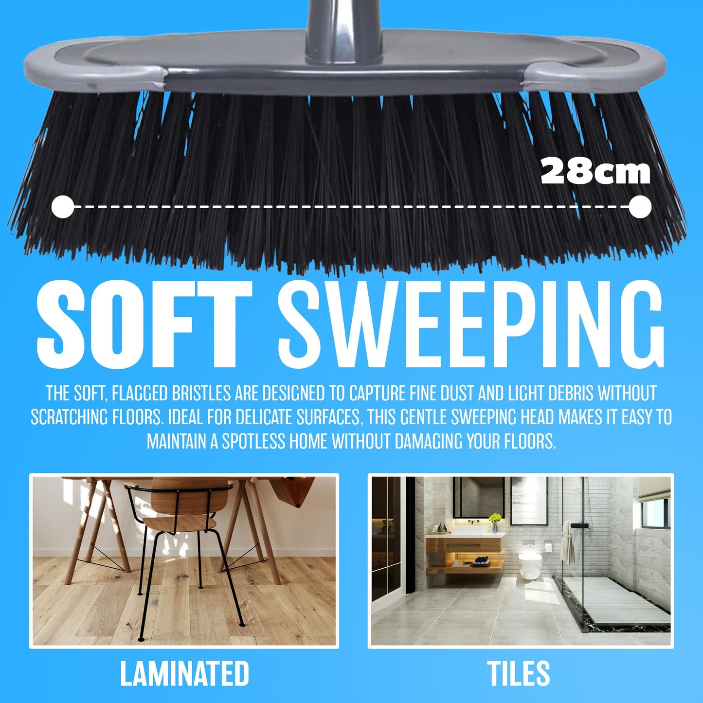 Soft Sweeping Brush Indoor Broom - Stylish Grey Kitchen Broom | Ideal for Household Cleaning | 28cm Soft Bristle Brush Head with 115cm Long Screw-Fit Metal Handle for Comfortable Use