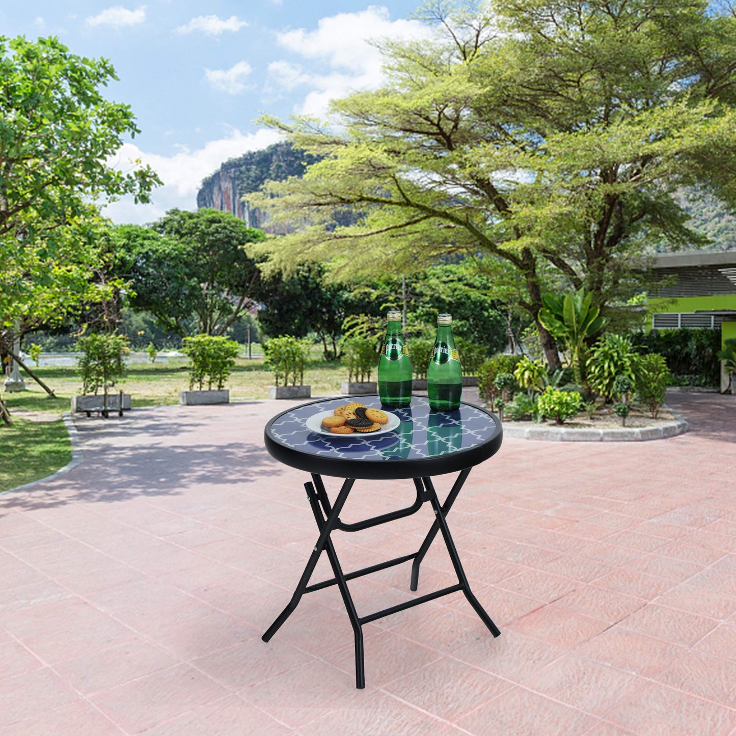 PHI VILLA Folding Side Table, Foldable Coffee Table, Outdoor Garden Table, Small Round Patio Table for Outdoor and Indoor-Blue