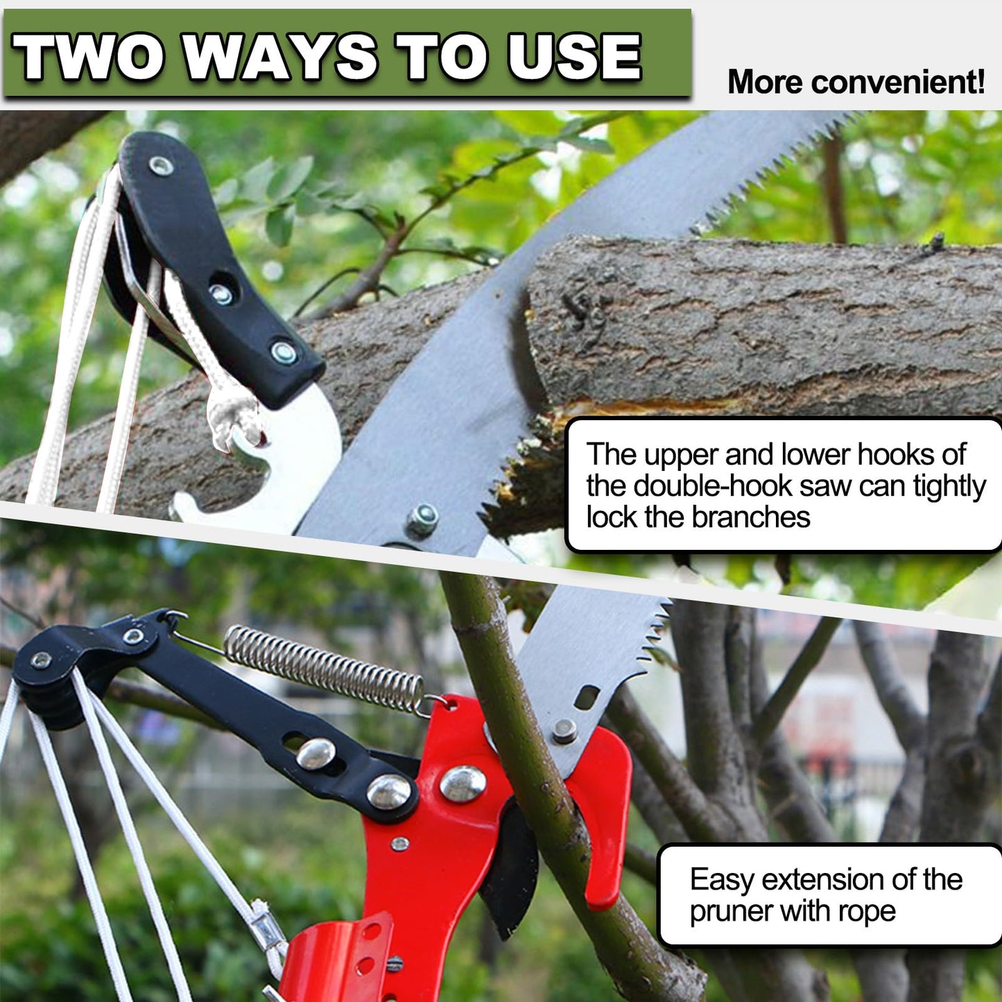 Tree Loppers Long Reach Telescopic, 82-402cm Long Reach Pruner with Extendable Handle & 33cm Saw, Lightweight Telescopic Tree Pruner Branch Cutters, Pulley Pole Pruner Hand Garden Loppers