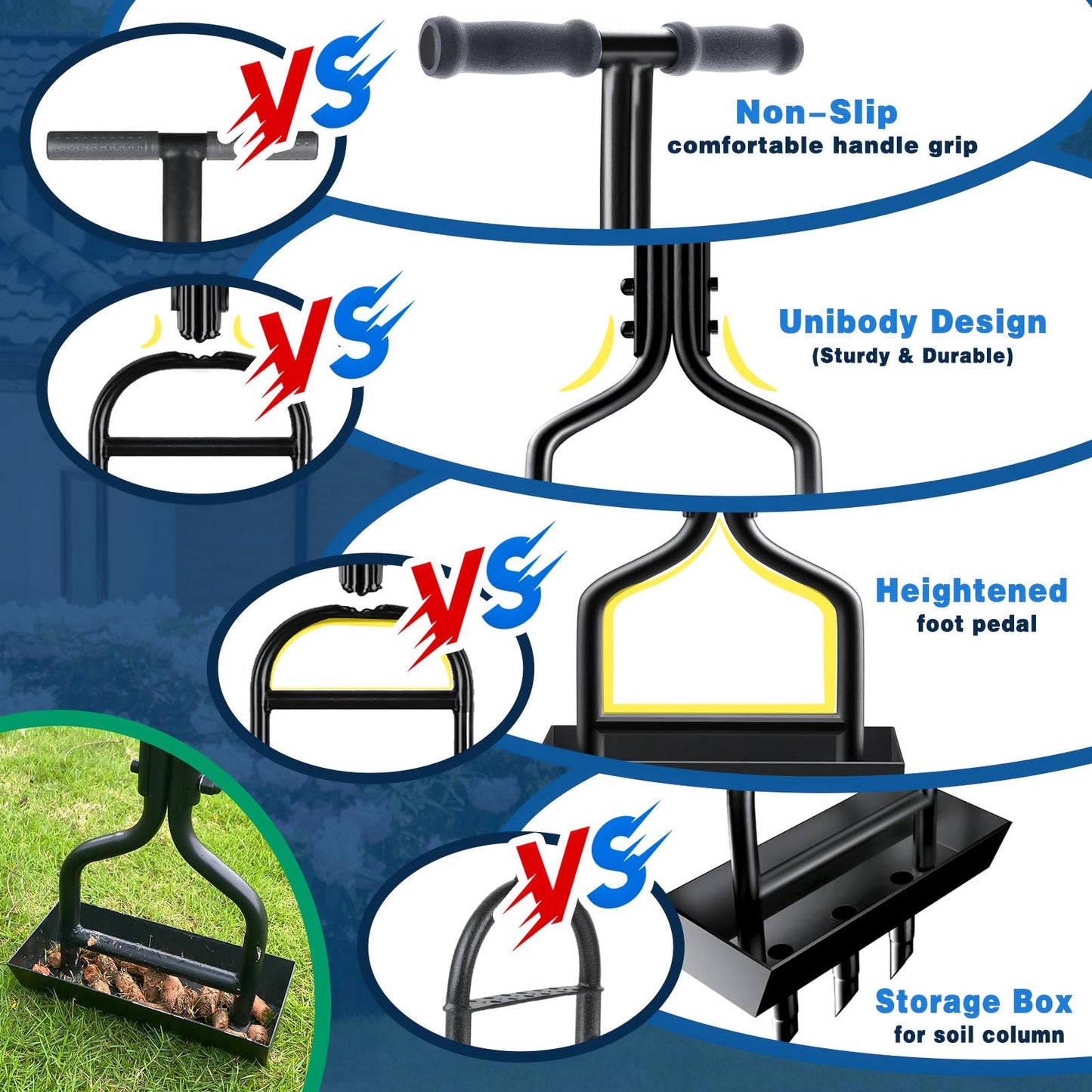 vanpein Lawn Aerator, Coring Manual Hollow Tine Aerator with Soil Column Collection Box, Core Aerating Tool, Heavy Duty Aeration for Compacted Soils and Lawns to Prevent Compaction, Black