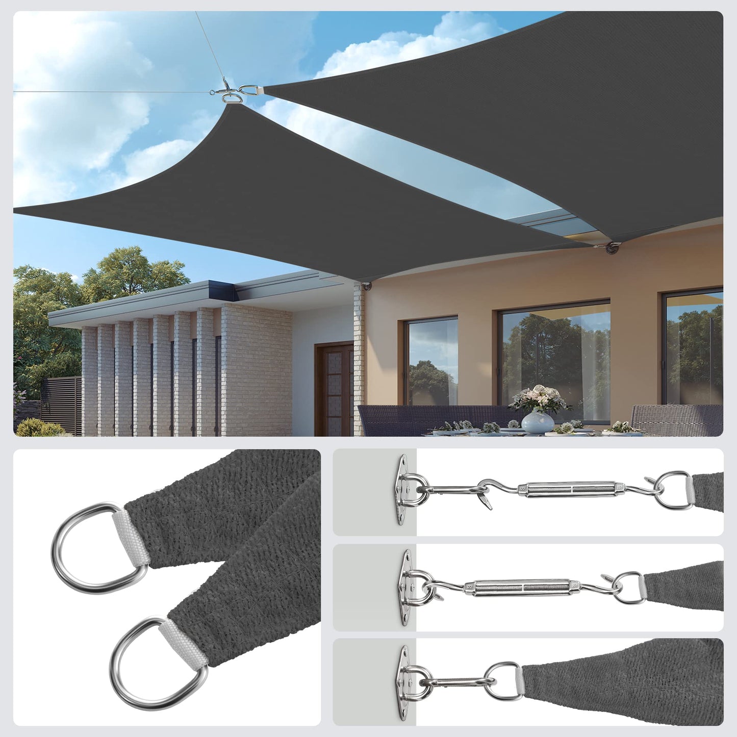 SONGMICS GSS22GY Sun Shade Sail, 2x2m HDPE Fabric Sun Protection Air Permeable Canopy for Patio Garden Balcony Camping Square Concave 2m Ropes Smoke Grey GSS22GY