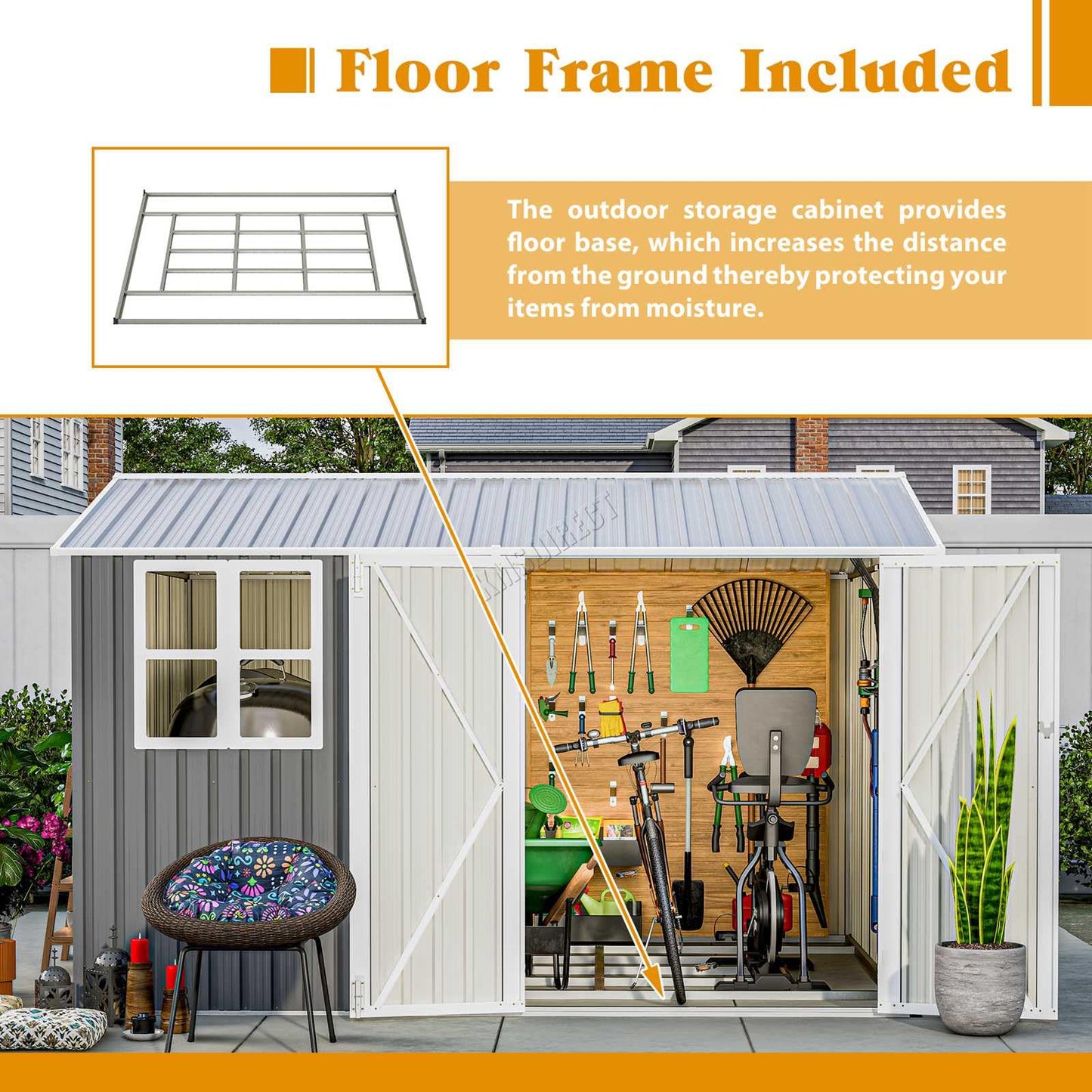 BIRCHTREE Garden Shed Steel Apex Roof House Outdoor Backyard Storage With Lockable Double Doors Window Free Foundation Tool Equipment Organizer Air Vents 10x8FT Grey