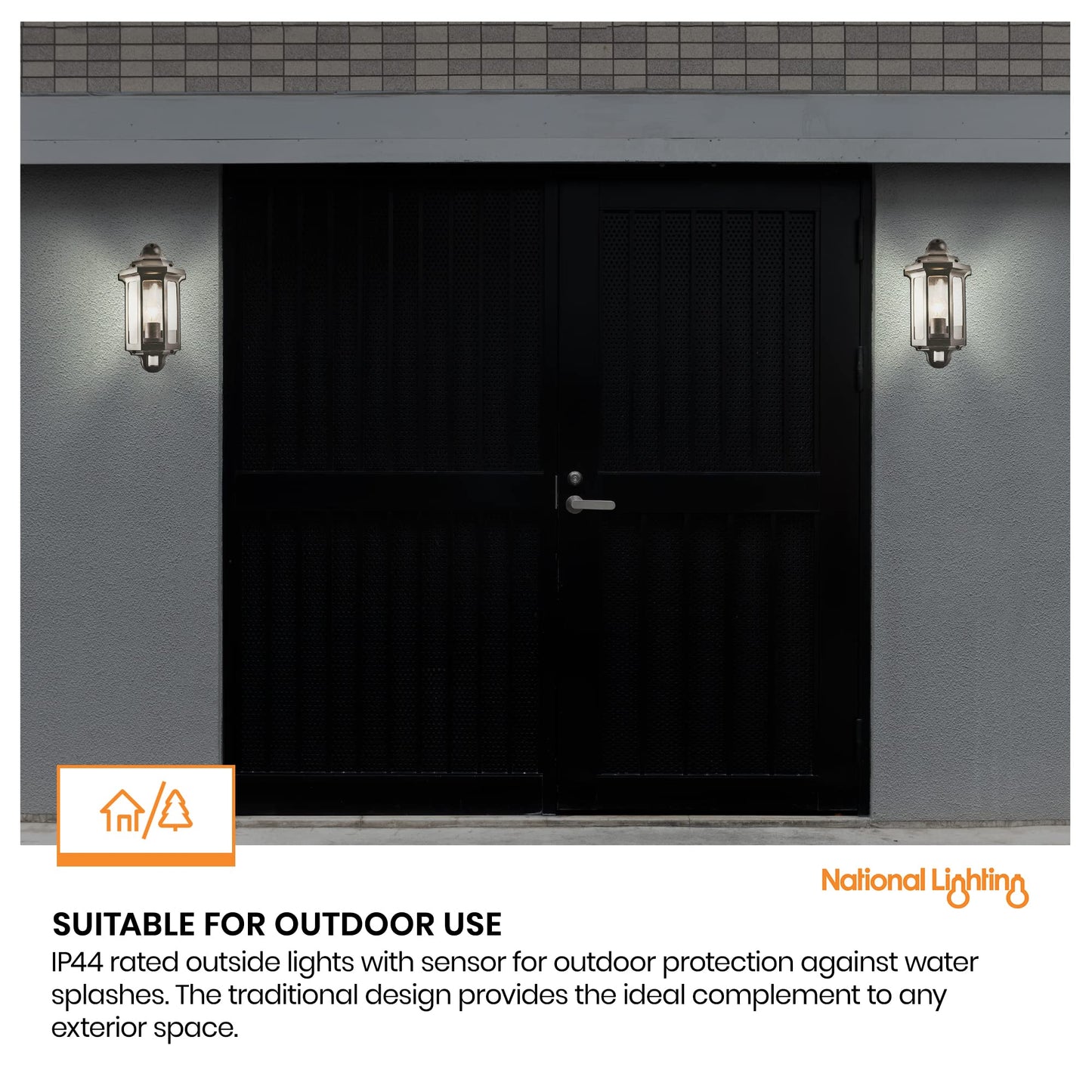 National Lighting Black Outdoor Security Lights - PIR External Wall Light - Motion Sensor Presence Detector Half Lantern Garden Porch Wall Lamp - IP44 Rated 60W GLS ES or LED E27 (Not Included)