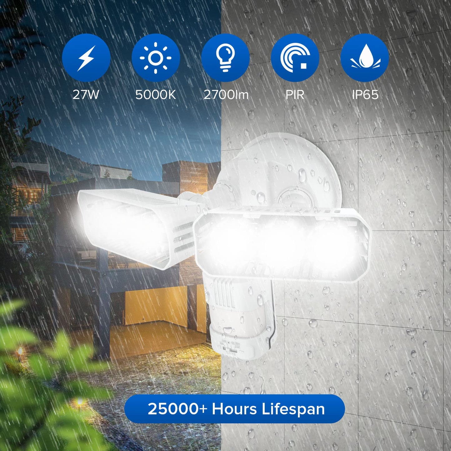 SANSI 27W LED Security Lights Outdoor Motion Sensor, 2700LM 5000K IP65 Waterproof Adjustable Dual Head LED Floodlight with PIR Sensor, 180° Detection Angle, 50Ft Detection Range (Mains Powered)