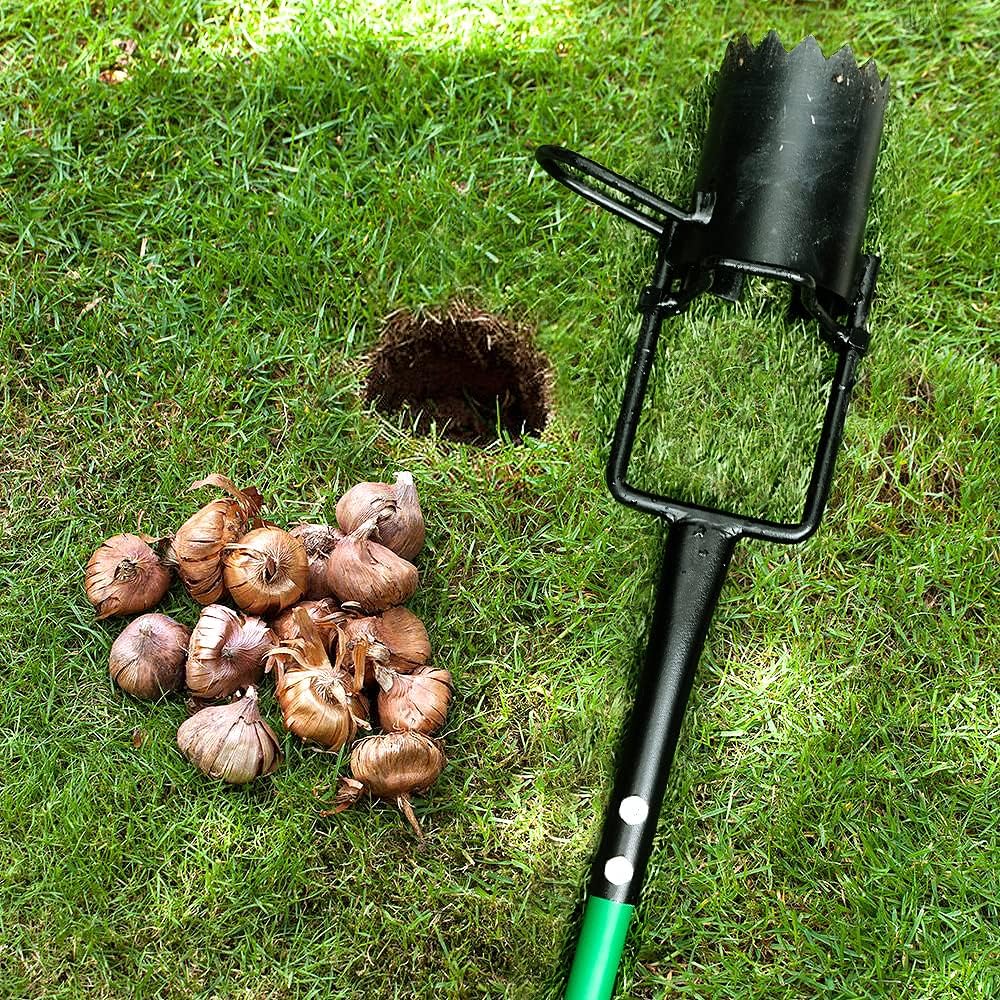 Hortem Bulb Planter Tool Long Handle, Long Handled Bulb Planter with Sliding Footrest for Easy Soil Pushing, Transplant Flowers, Seedlings or Vegetables without Bending