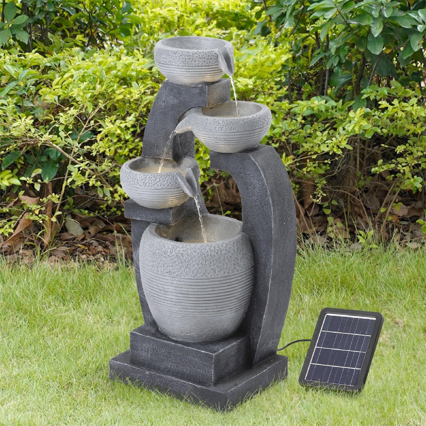 BTGGG Solar Powered Water Feature - 4 Tier Patterned Bowl Cascading Solar Water Feature Solar Water Fountain Outdoor Garden Water Feature with Lights and Pump For Patio Yard Decor