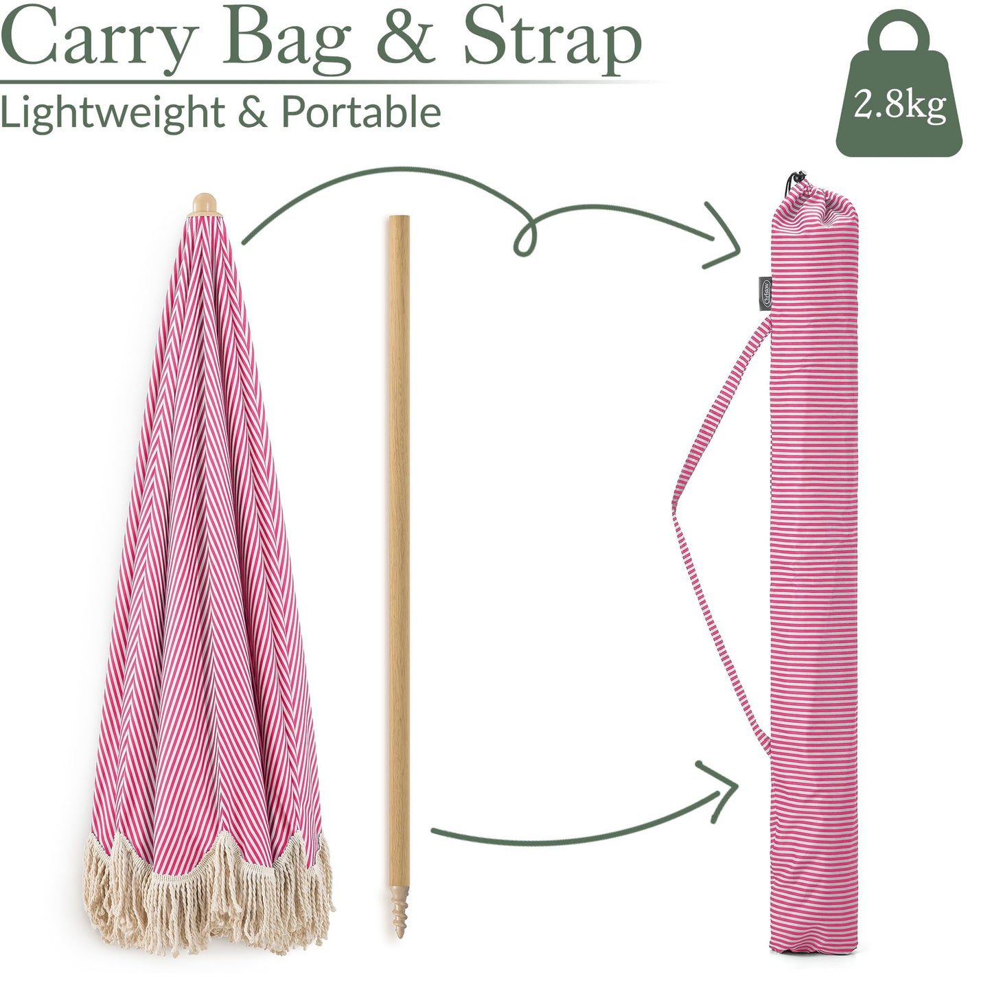 CHRISTOW Portable Garden Parasol with Tilt, 2m Cotton Tassel Beach Umbrella, Outdoor Patio Sunshade, Tilting Canopy, Wood Effect Steel Pole, UV50- Sun Protection, Water Resistant, Bag (Pink Stripes)