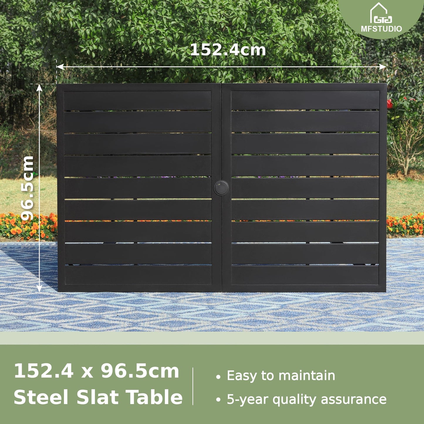 MFSTUDIO 152 x 96 x 71cm Garden Table, Outdoor Dining Table, Metal Rustproof Steel Frame and 4 cm Parasol Hole, for Deck, Backyard, Lawn, Garden (Black)