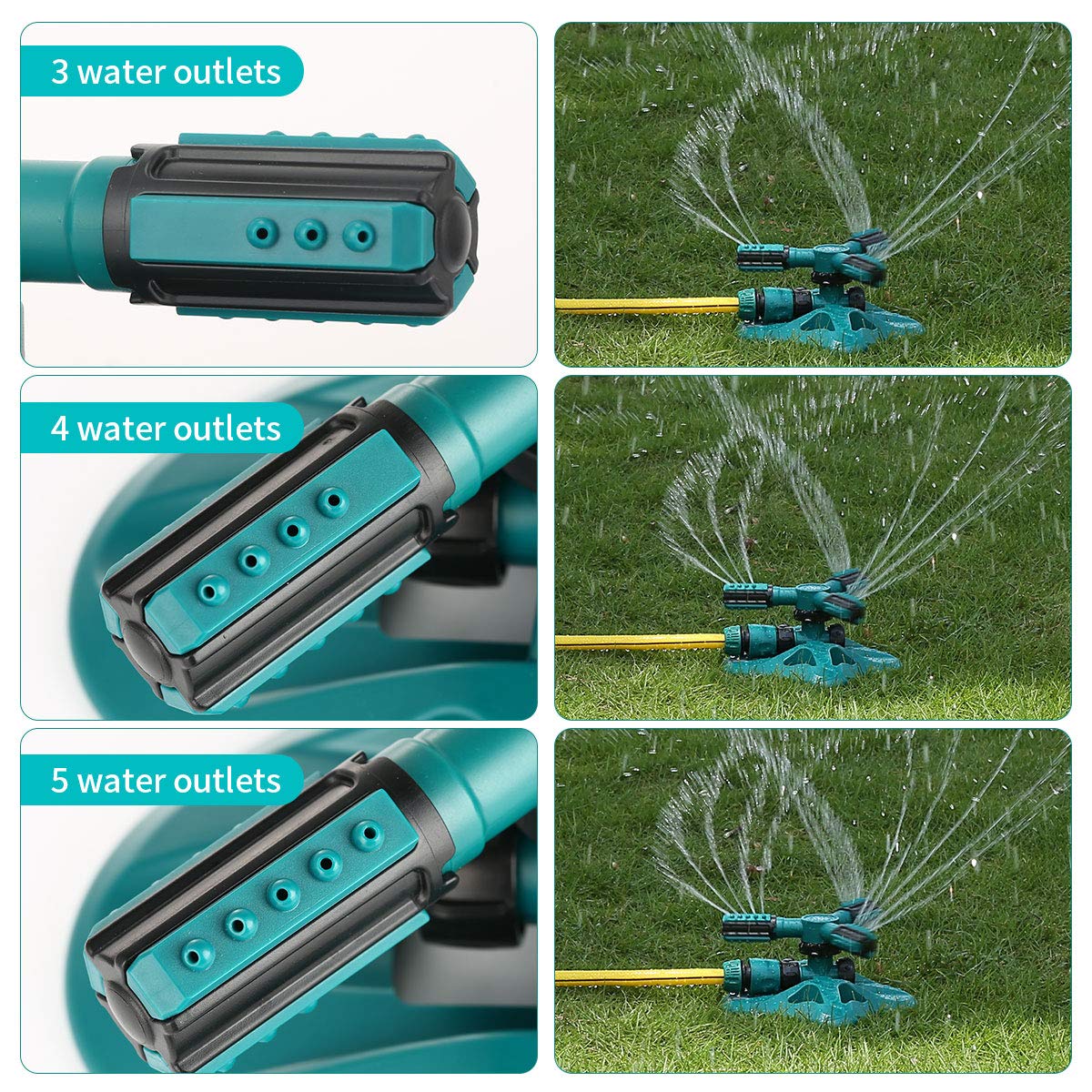 WISDOMWELL Garden Sprinkler Adjustable water spray range Suitable for large areas of lawn Automatic 360 Degree 3 Arm Rotating Sprinkler System Sprinklers (1Sprinkler-4Connectors-2 Sprinkler Head)