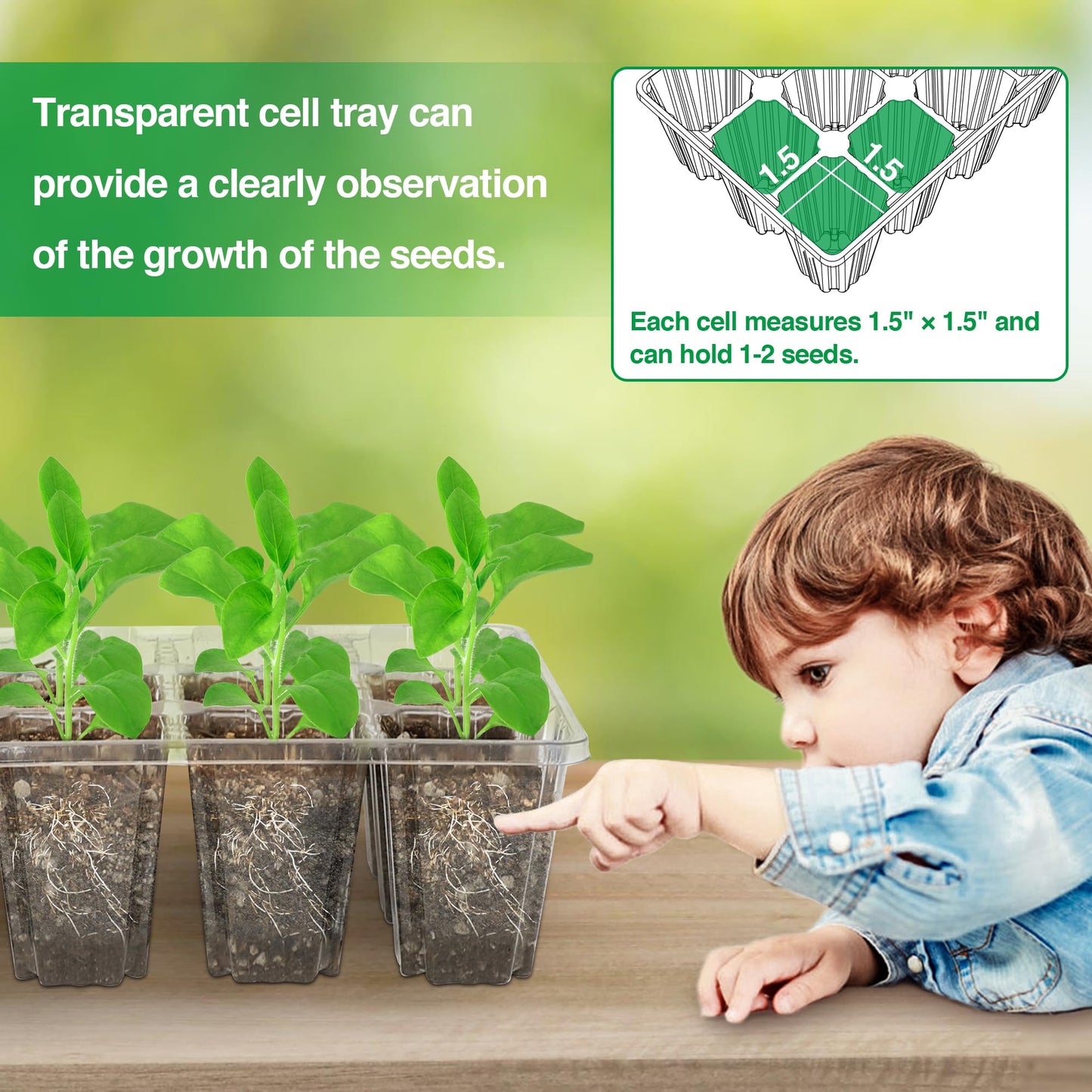 MIXC Seed Trays with Grow Light, 5 Pack Seed Trays with Lids, Propagators for Plants with Adjustable Lids and Clear Cell Tray, Propagator with 8 Full Spectrum Led Lamp Beads, For Indoor Plants, Green