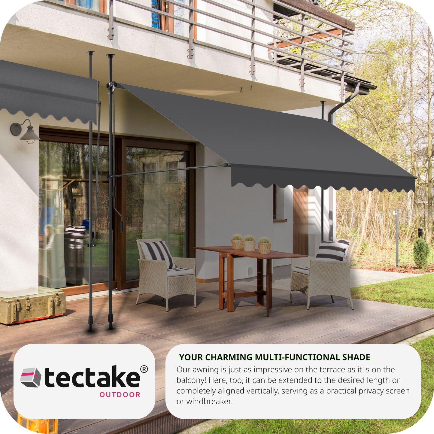 tectake Garden Patio Retractable Awning, Manual with Hand crank, Sun shade Canopy with UV and Rain Resistance, Clamp System with No Drilling Required - black/grey