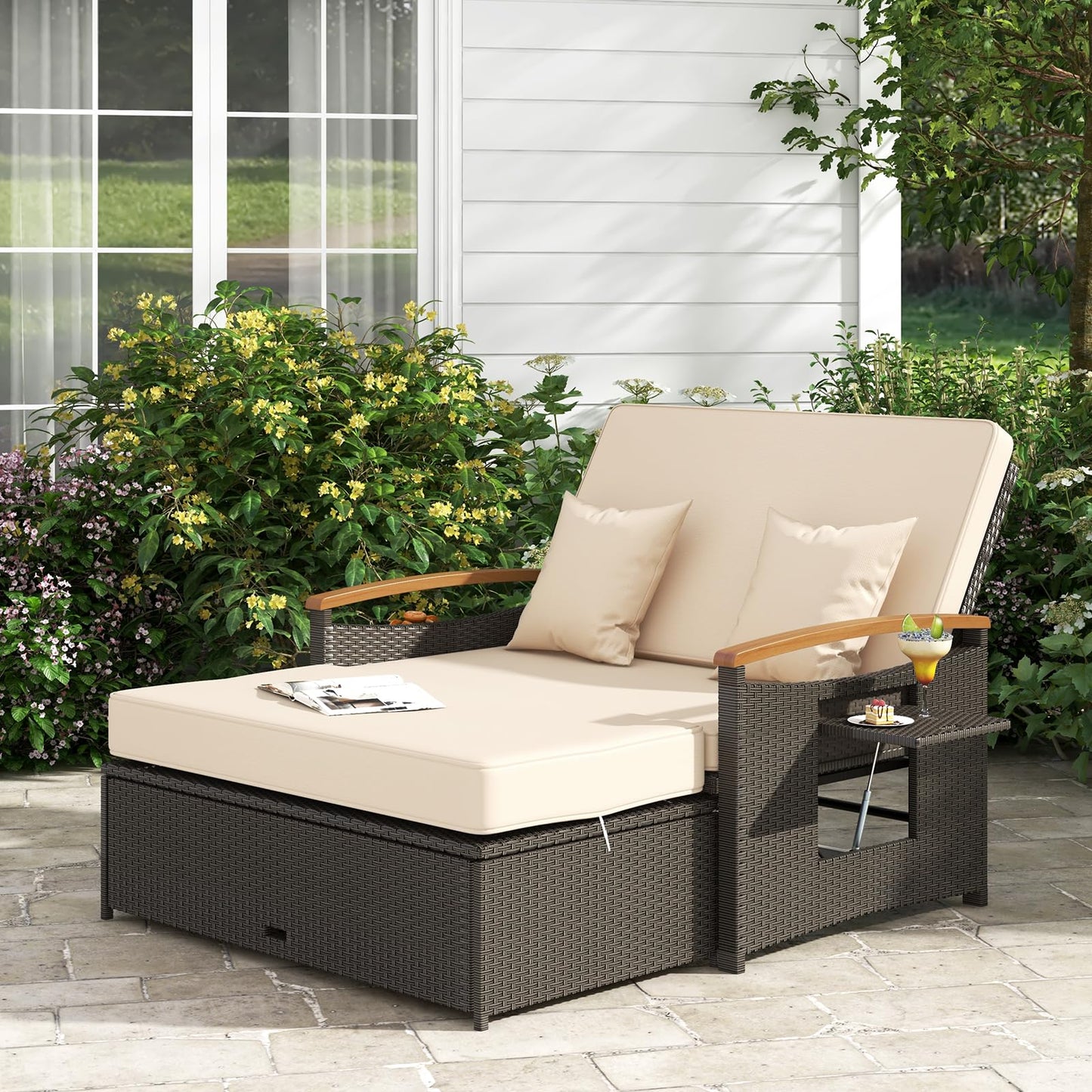 RELAX4LIFE Outdoor Rattan Daybed, Wicker Sun Bed Lounger with 4-Level Adjustable Backrest, Retractable Tray, Storage Ottoman & Cushions, Garden Loveseat for Yard Porch Poolside (Beige)