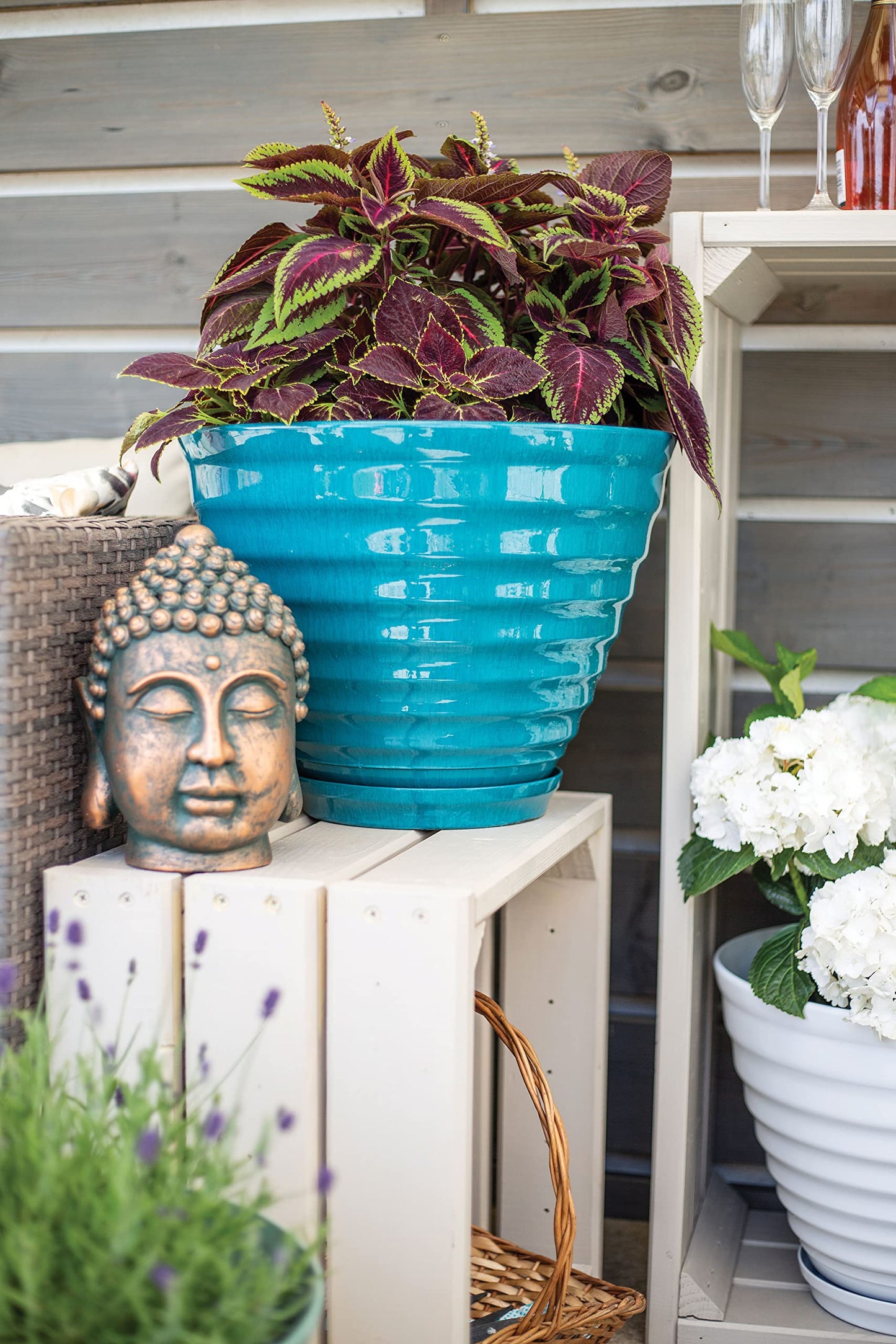 Plant Avenue Lightweight Recycled Plastic Garden Pot Drainage Holes | UV Resistant & Frostproof | Kelkay Vale Teal Planter with In Built Saucer 40cm 90650TE, Large