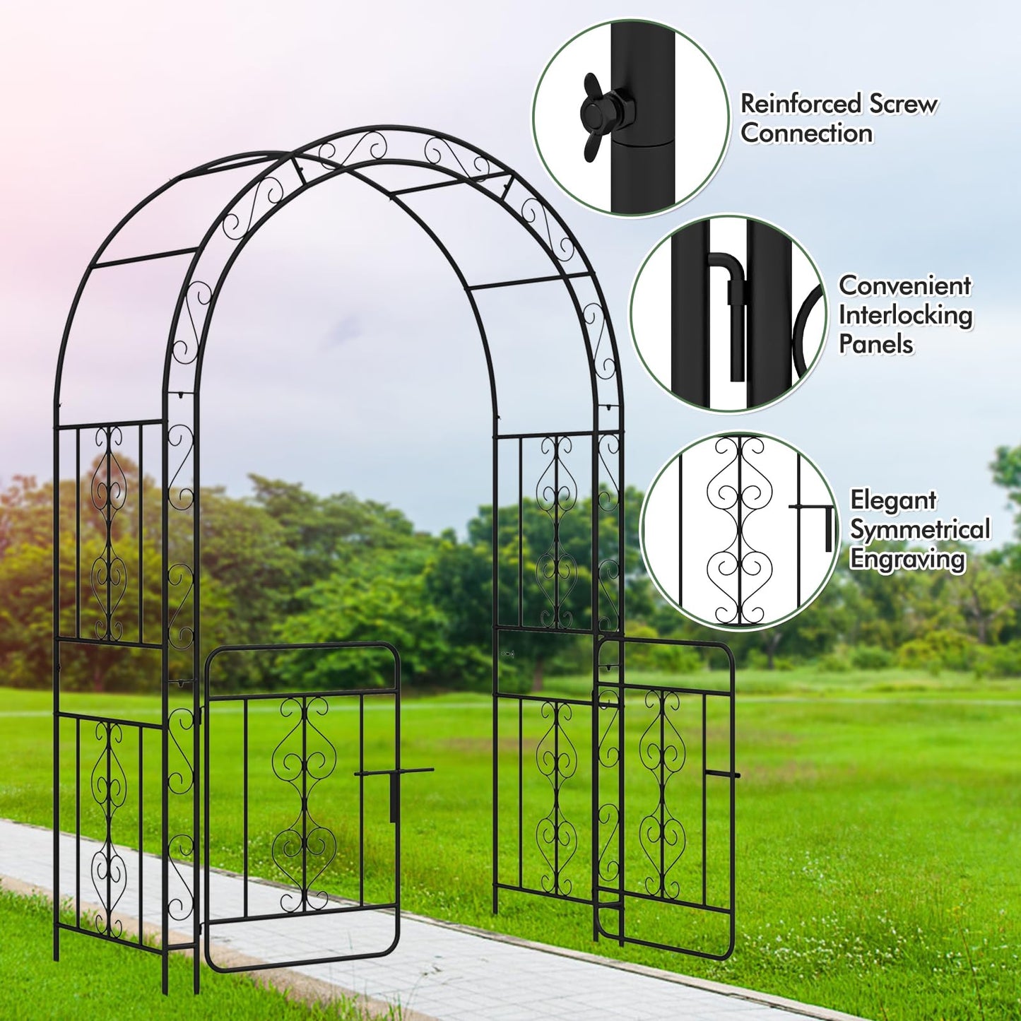 TANGZON Garden Arbor, Metal Arch Arched Top Arbor Trellis with Lockable Gate, Heavy-Duty Trellis Archway for Climbing Plants Grape Vines Wedding Ceremony (with multiple side crossbars,136x58x213cm)