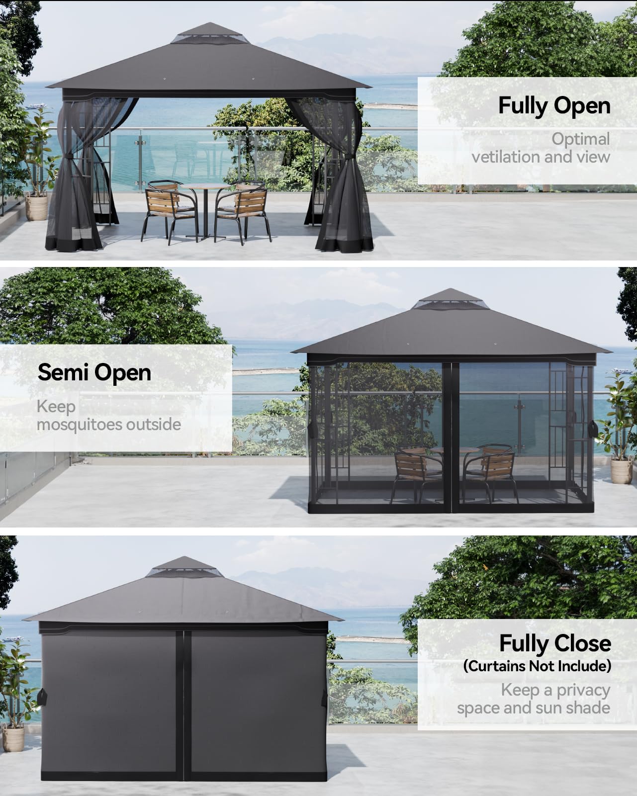 The Fellie 3M x 4M Gazebos with Double Tiered Roof, Large Outdoor Garden Gazebos with Mosquito Netting, Heavy Duty Metal Gazebos for Garden, Patio, Party, Camping, Waterproof, Dark Grey
