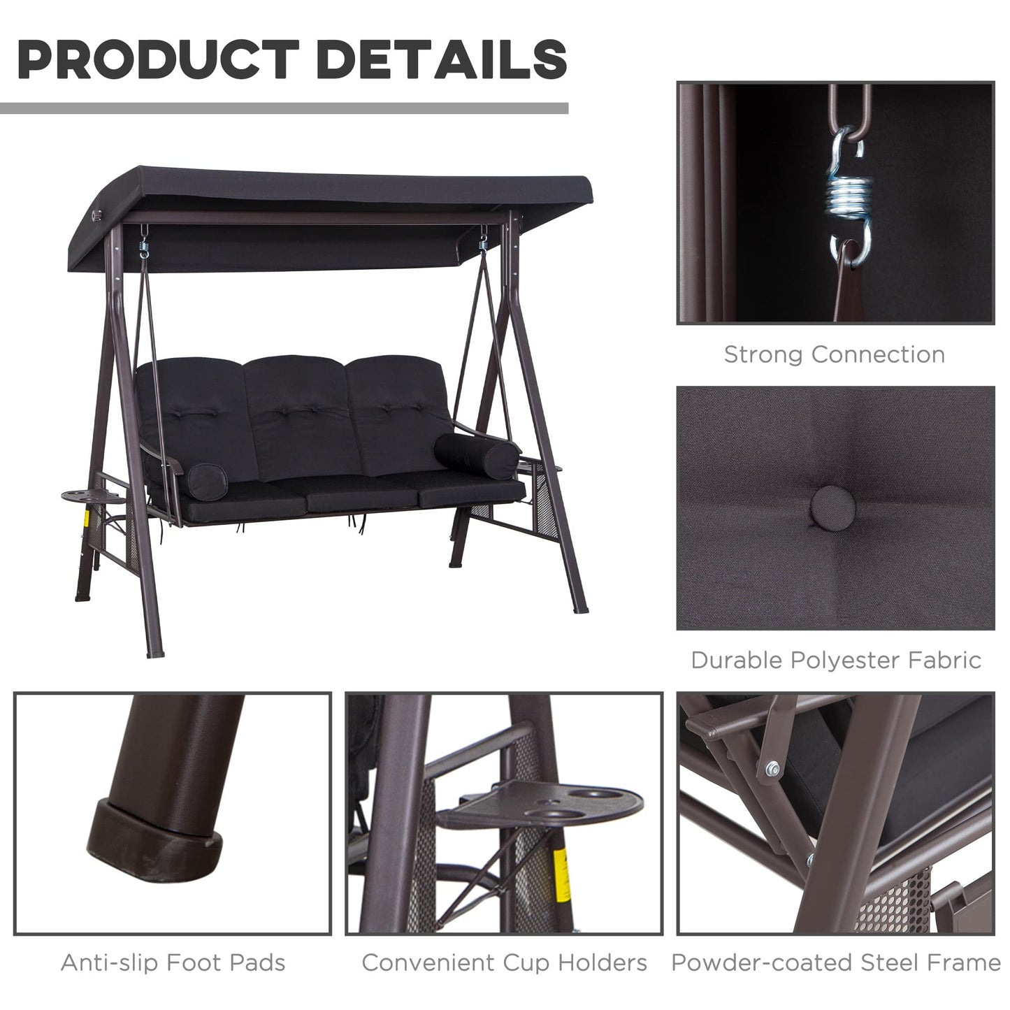 Outsunny 3 Seater Canopy Swing Chair, Outdoor Garden Swing Seat w/Top Roof and Cushions, Black