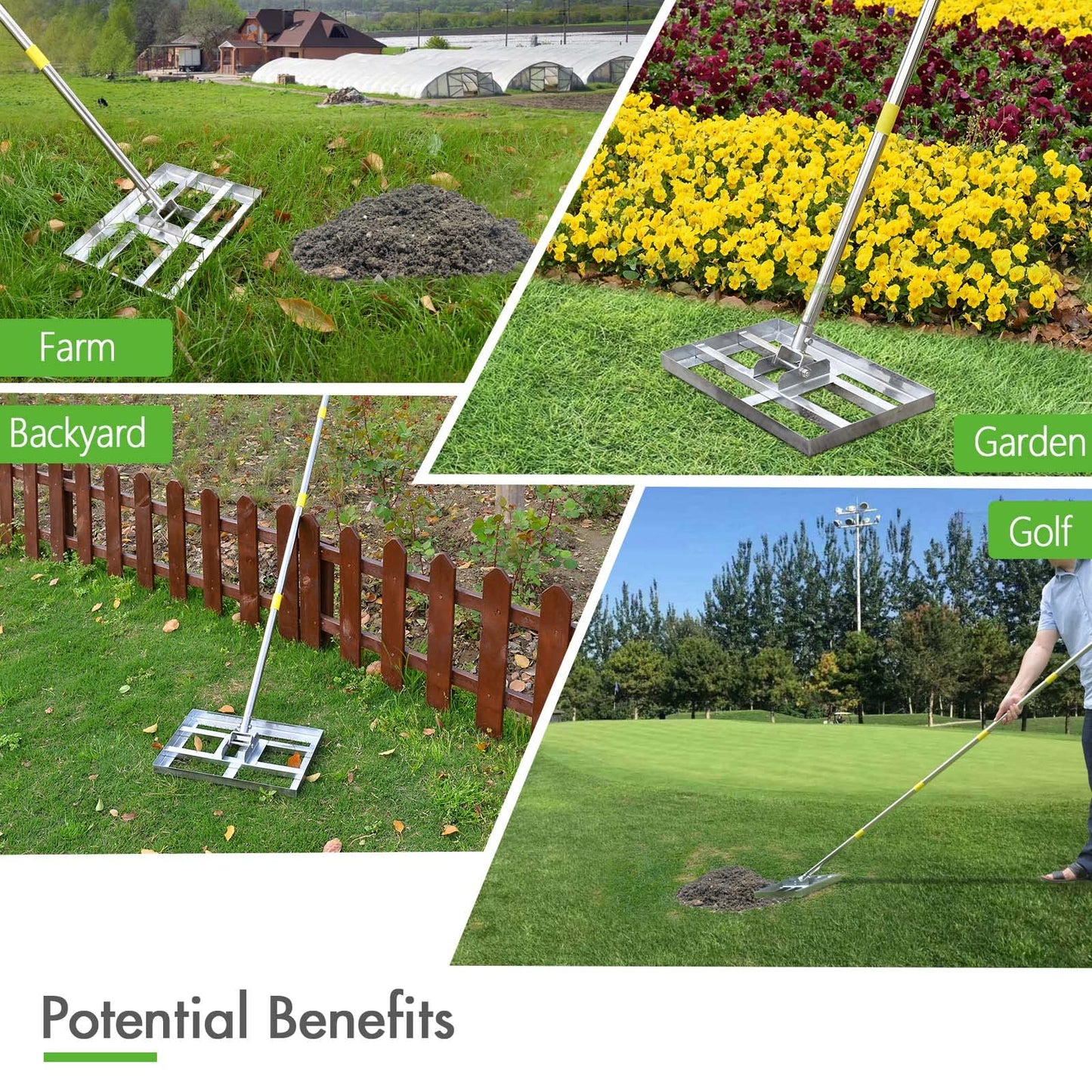 SurmountWay Lawn leveling Rake with Heavy-duty Stainless Steel Suitable for Courtyard Golf-16 ''x 10'' Lawn leveler tool(6.5FT), Silver (‎6.5FT,16 x 10In)