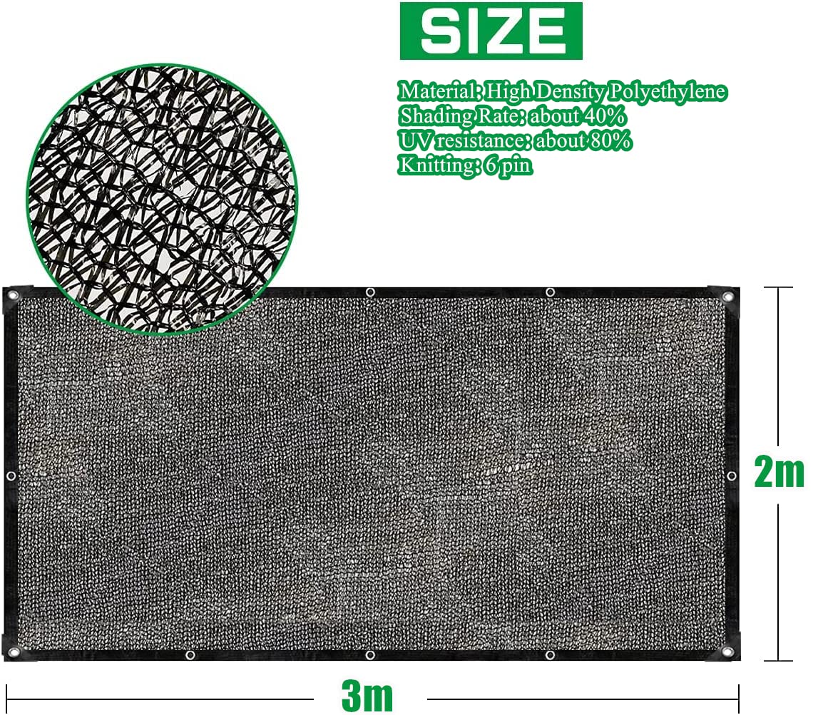 LATERN 40% Shade Cloth with Grommets, 2m x 3m Garden Mesh Shade Tarp HDPE Sun Shade Net UV Resistant Netting for Greenhouse Cover Patio Plant Flower Chicken Coop Carport