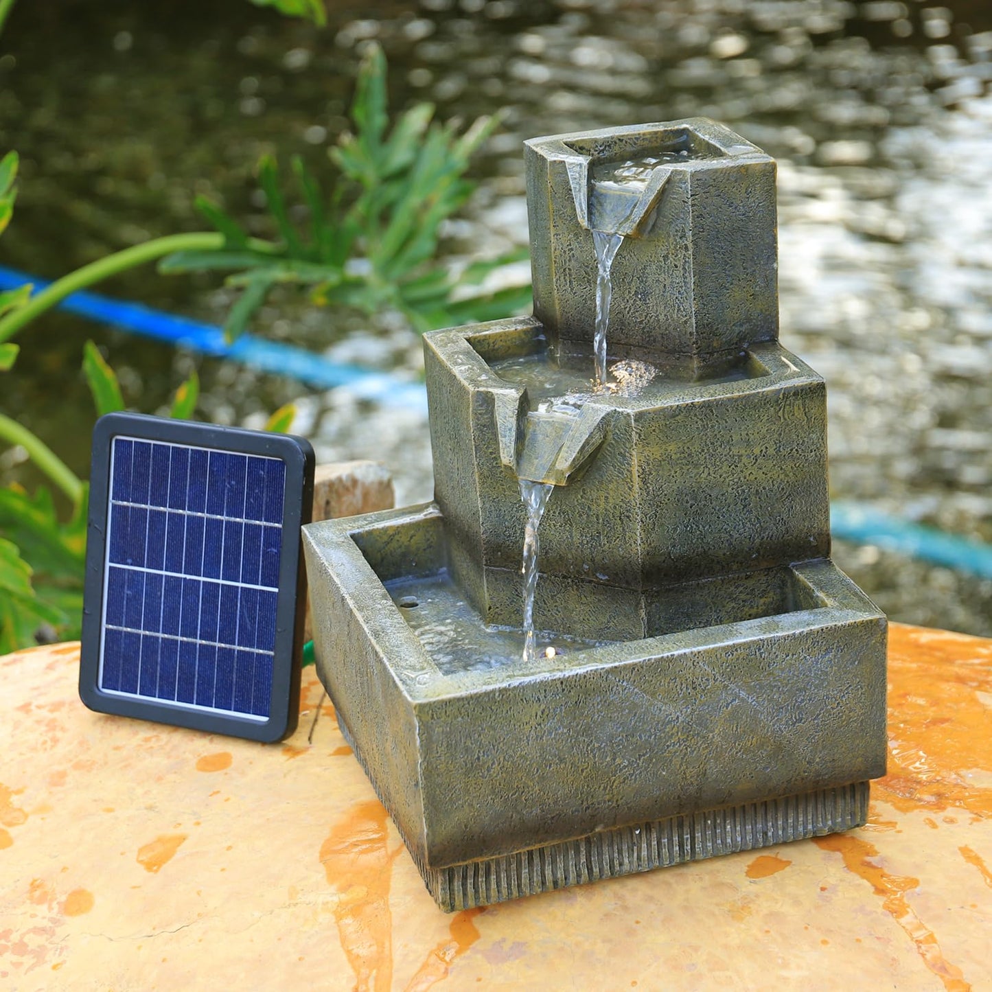 BTGGG Solar Powered Garden Water Feature Water Fountain Cascade Three Tier Water Feature Garden Yard Waterfall with LED Lights Water Feature Fountain