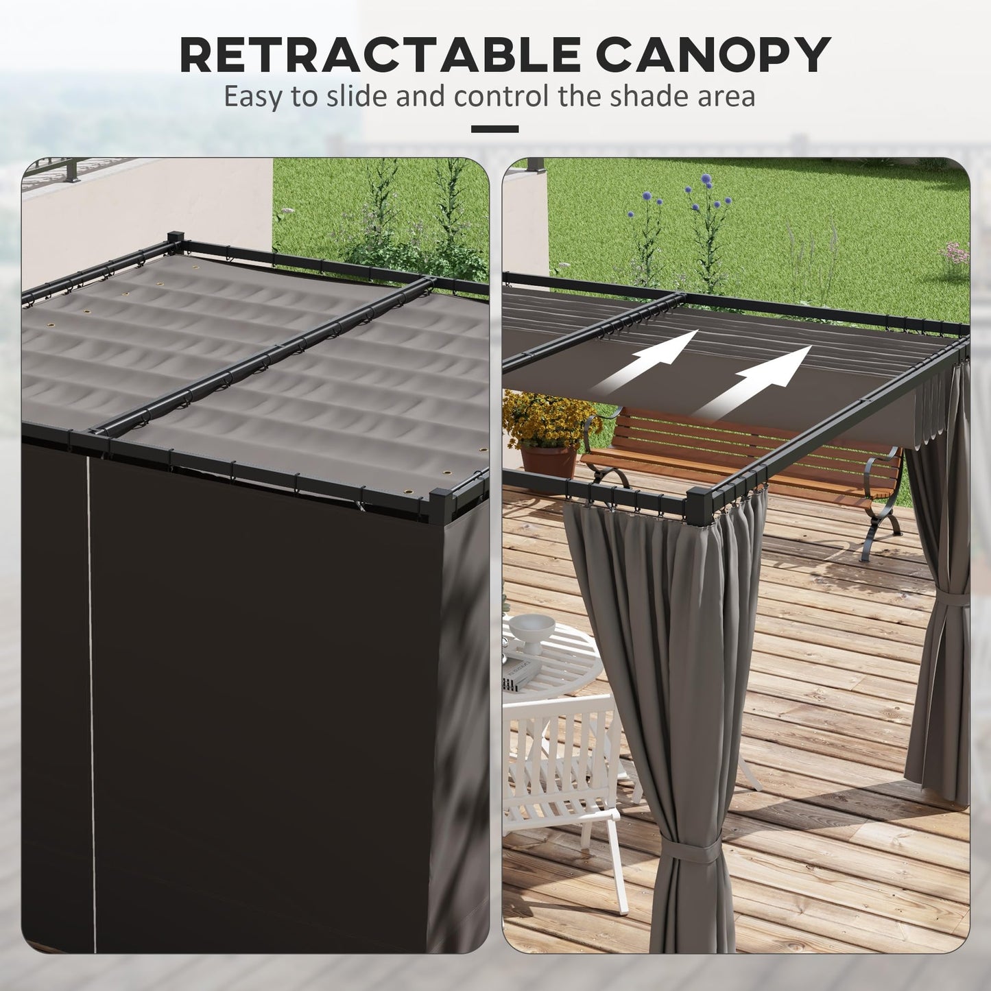 Outsunny 3 x 3(m) Pergola with Retractable Roof Canopy and Curtains, Metal Frame Garden Gazebo Outdoor Sun Shade Shelter for Grill, Patio, Deck, Light Grey