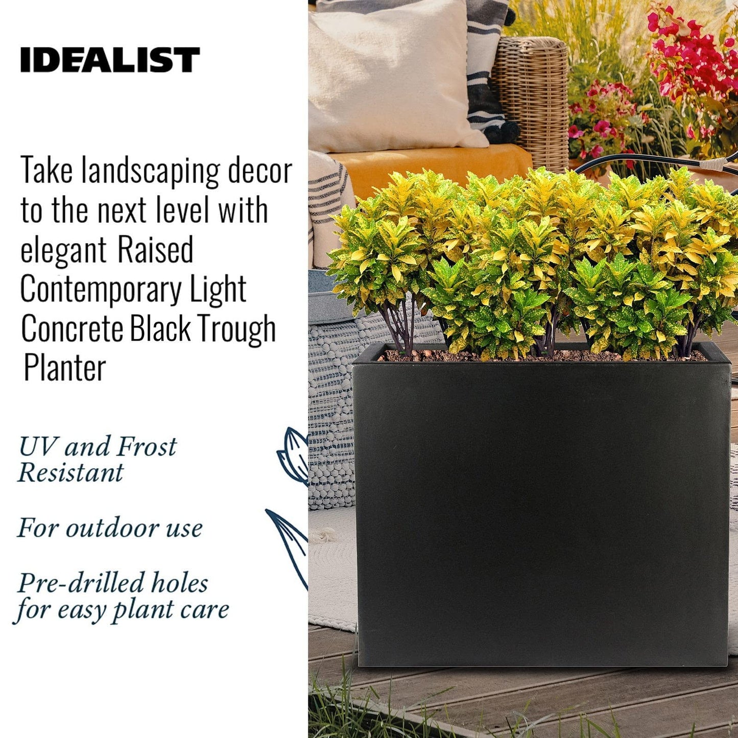 IDEALIST 50cm Trough | Black Reinforced Stone Rectangular Planter | Garden Plant Pots with Drainage Holes L50 W20 H40 cm, 23 litres