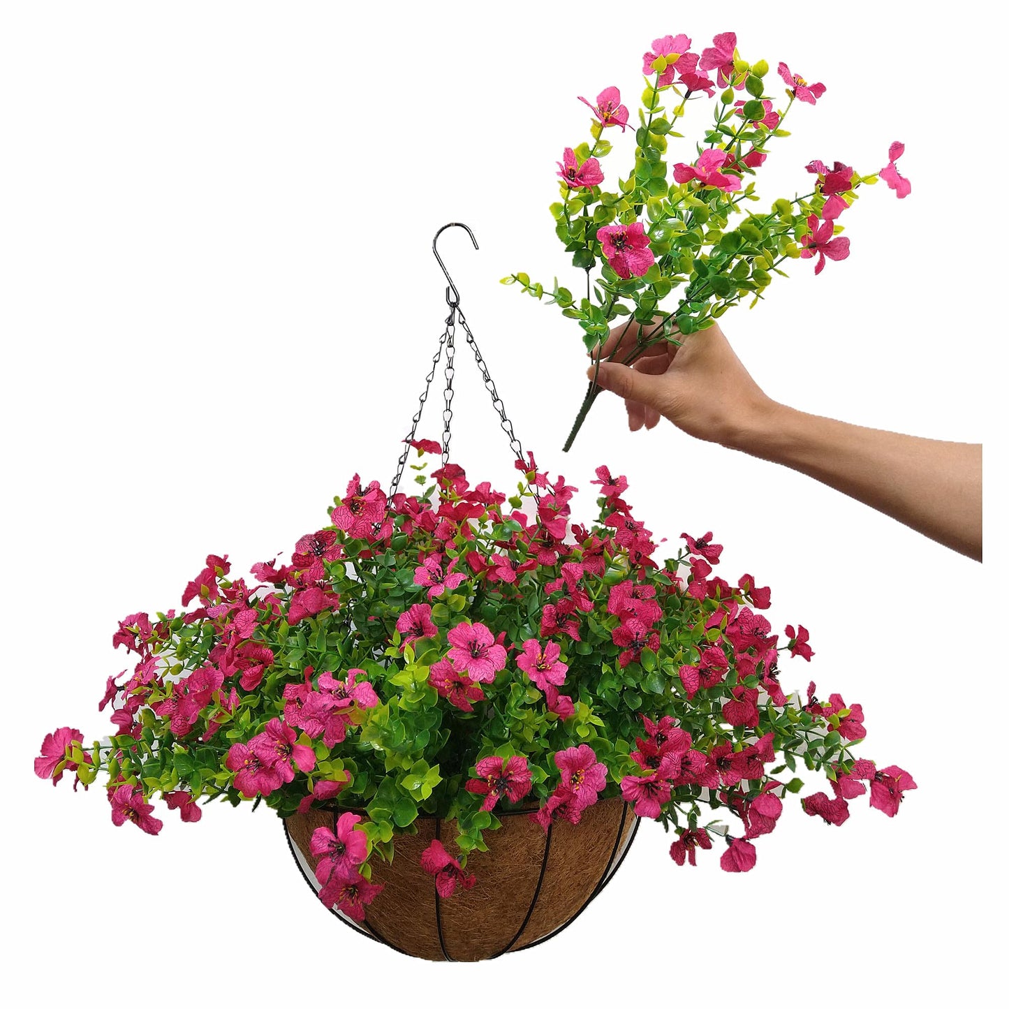 Home Decoration Silk Fabric Fake Flowers DIY Chain Hanging Basket Parlor Garden Wedding Ornaments Cute Pink Artificial Flower Eucalyptus Magnolia (Pink- Big basket)