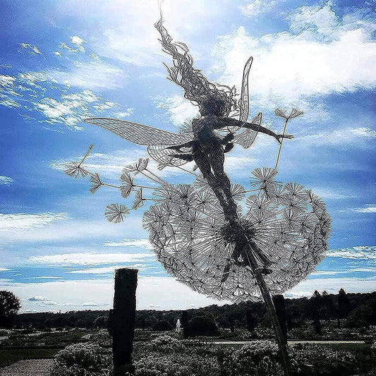 Fairies Dandelions Garden Art Sculpture Dance Yard Decorations Stainless Steel Garden Fairy Ornaments Garden Dandelion for Outdoor Decoration Metal